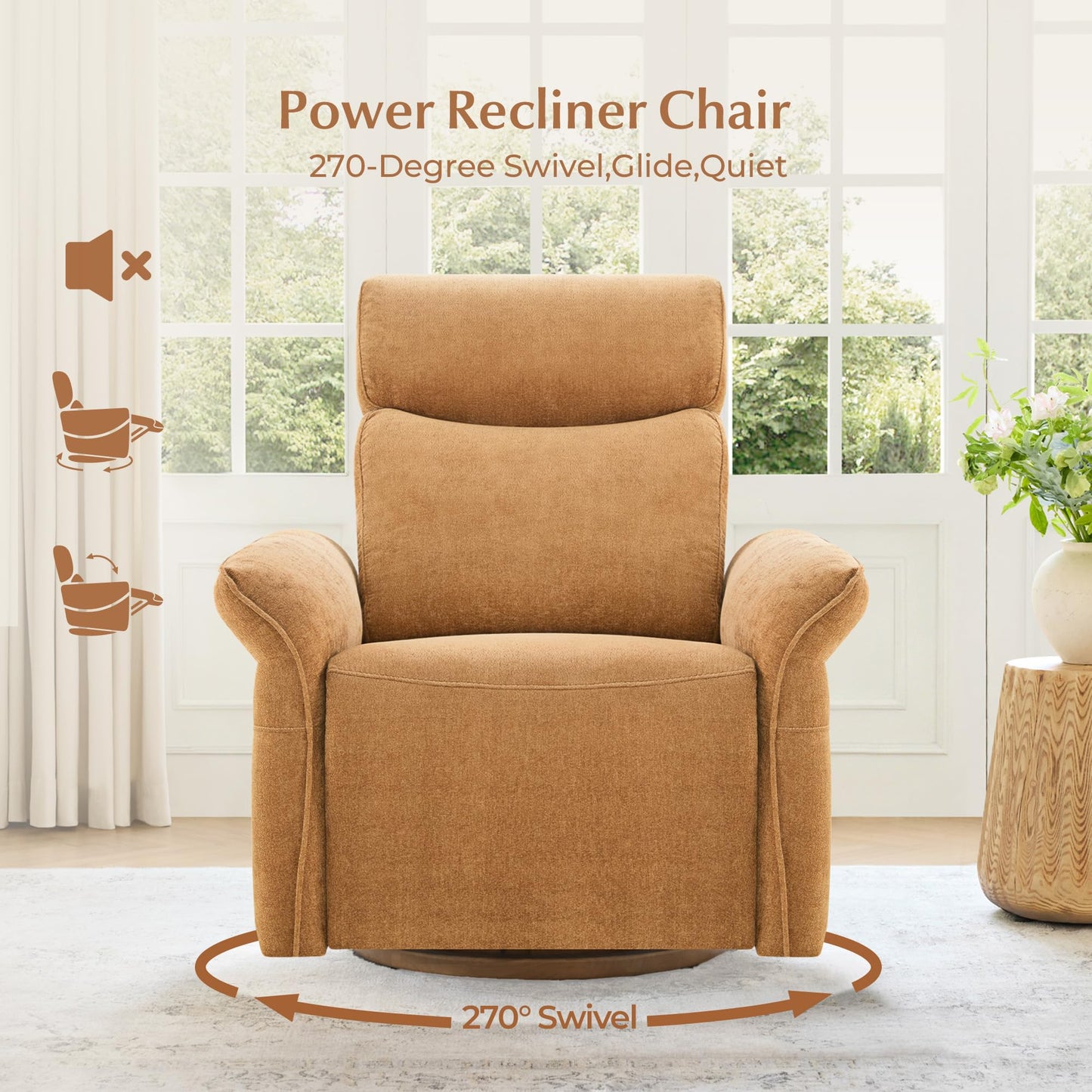 CHITA Power Recliner Chair, Electric Triple-Motor Swivel Glider Nursery Rocking Chair with Adjustable Power Headrest and Lumbar Support, GREENGARD Gold Certified, Solid Wood Base, Linen