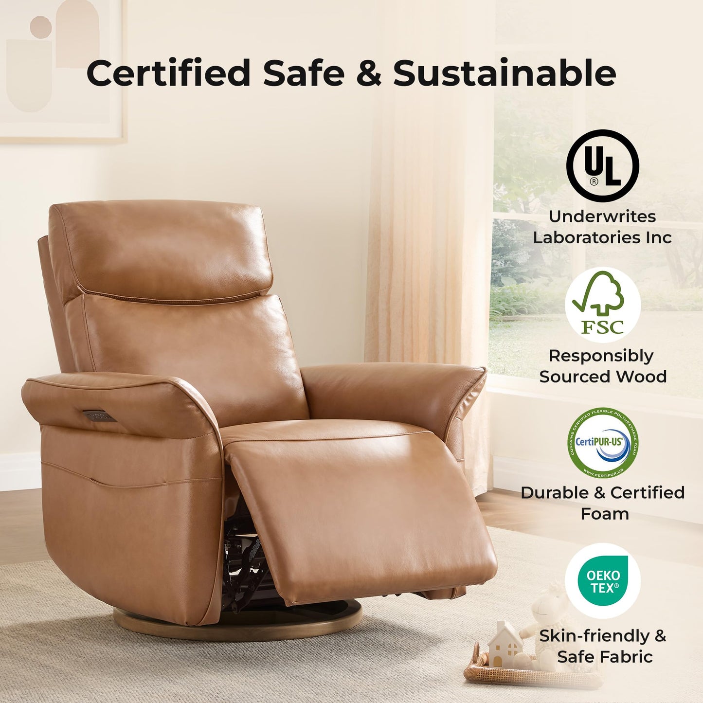 CHITA Power Recliner Chair, Electric Triple-Motor Swivel Glider Nursery Rocking Chair with Adjustable Power Headrest and Lumbar Support, GREENGARD Gold Certified, Solid Wood Base, Linen