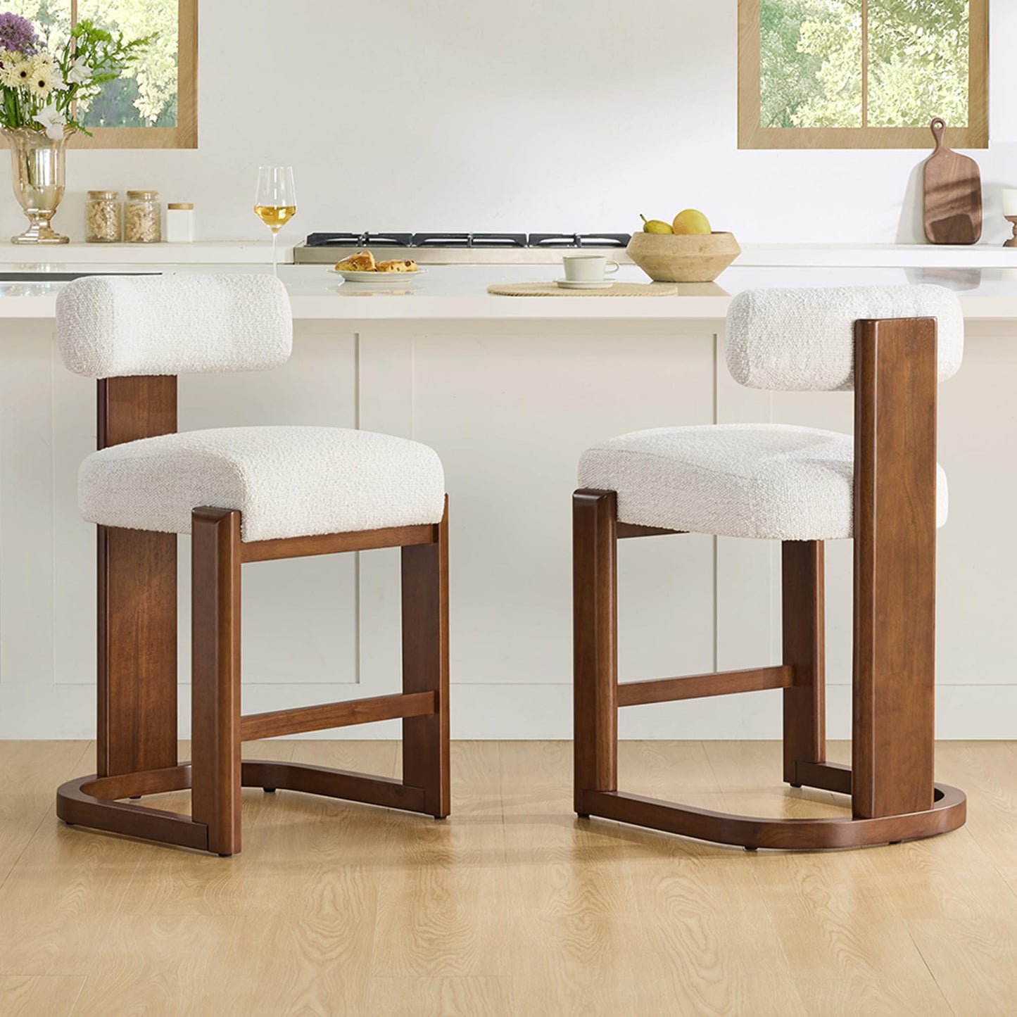 CHITA Modern Bar Stools Set of 2, 27" Counter Height Bar Stools, Upholstered Barstools with Backs and Wood Legs for Kitchen Island Dining Room, Oatmeal Fabric with Walnut Frame