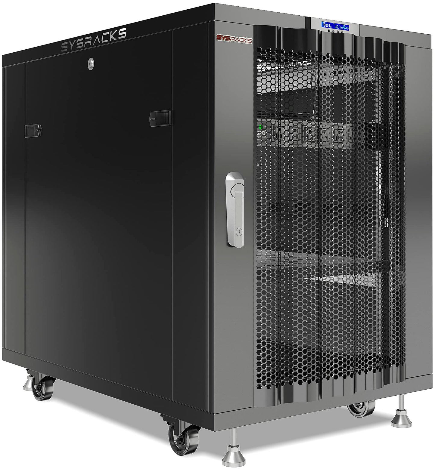 Sysracks 27U Server Rack Cabinet, 39" Deep, Glass Door, 19-Inch | Cooling fans, PDU, shelf, casters, leveling feet, cable entry brushes
