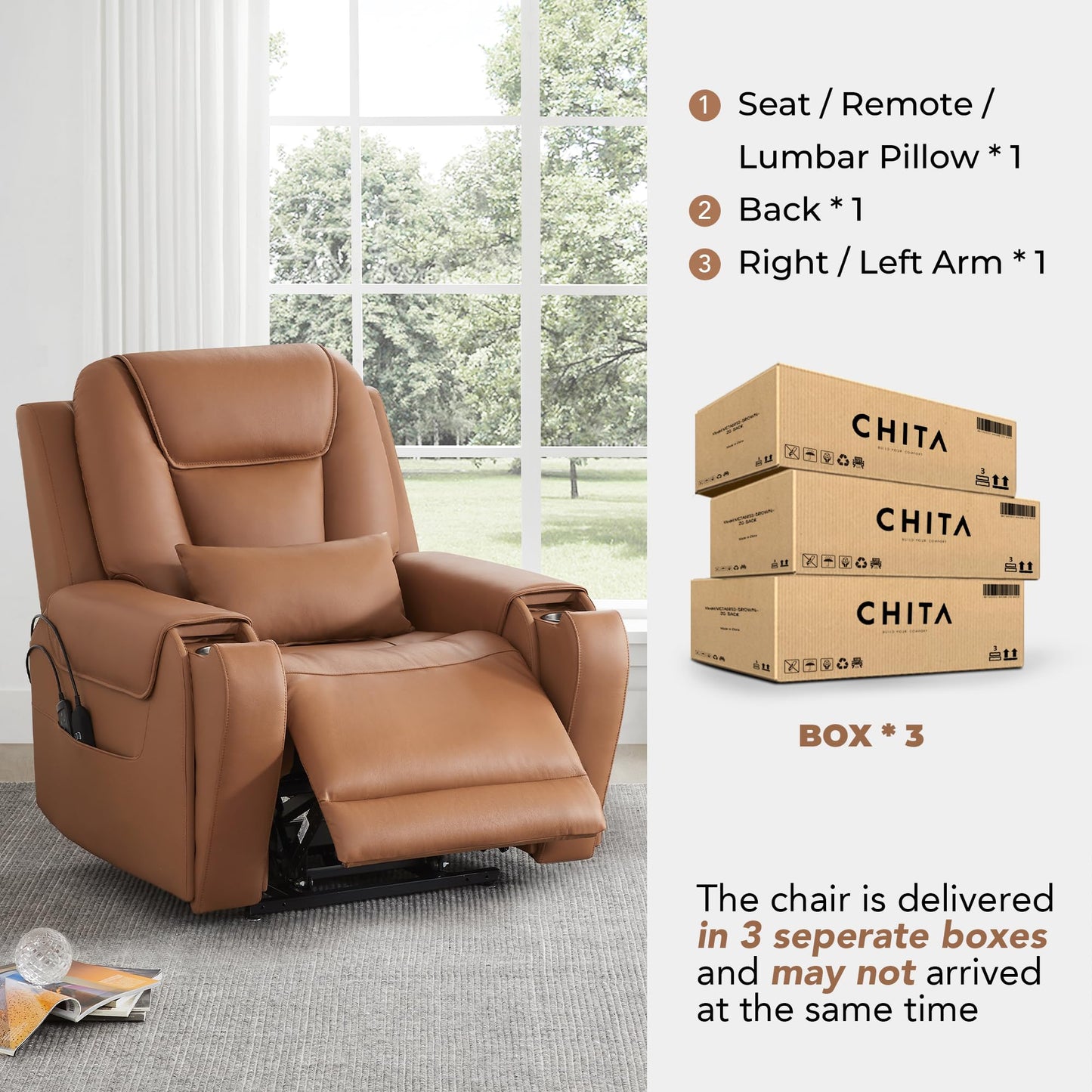 CHITA Electric Power Lift Recliner Chair for Elderly with Massage and Heat, Large Lay Flat Genuine Leather Recliner Chair with Cup Holders, USB Ports, Power Headrest, Independent Backrest, Saddle