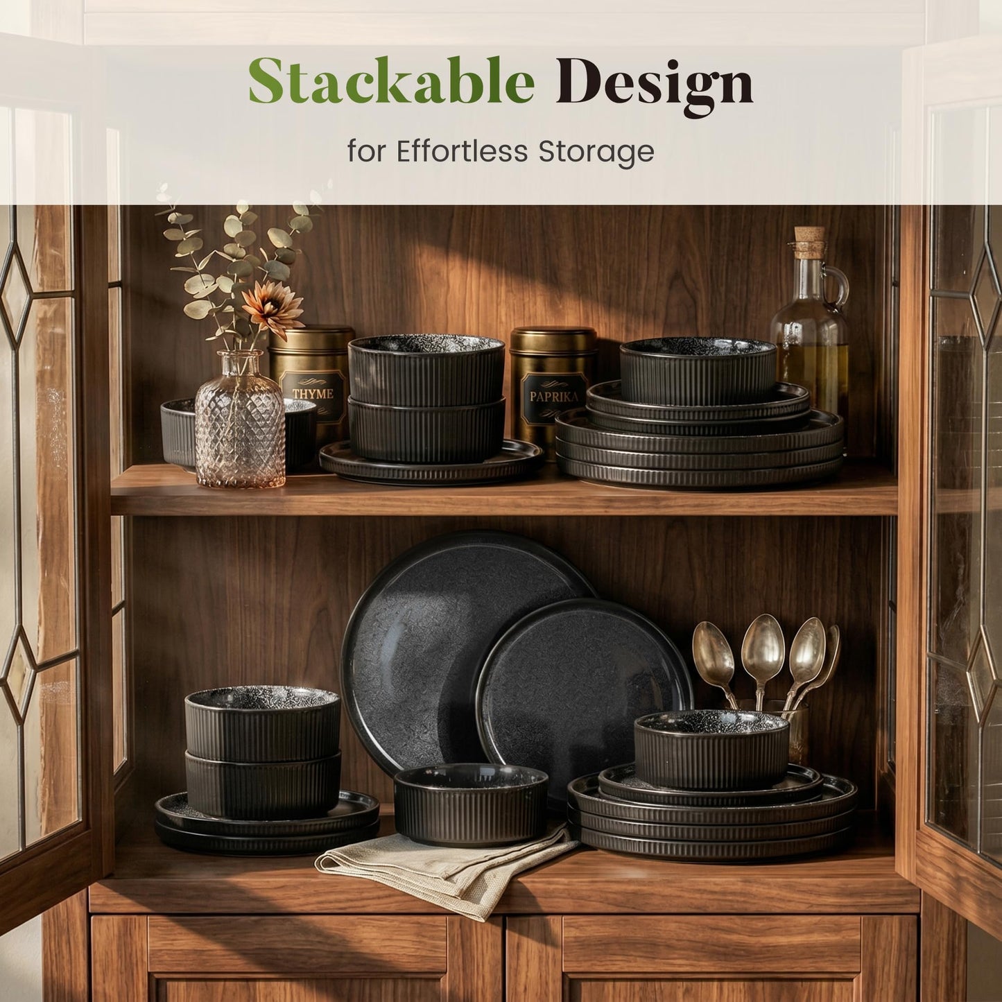 Kitchen Academy Brown Stoneawre Dinnerware Sets for 8, 24Pcs Ceramic Non Toxic Plates and Bowls Sets, Scratch Resistant Dishes, Oven & Microwave Safe