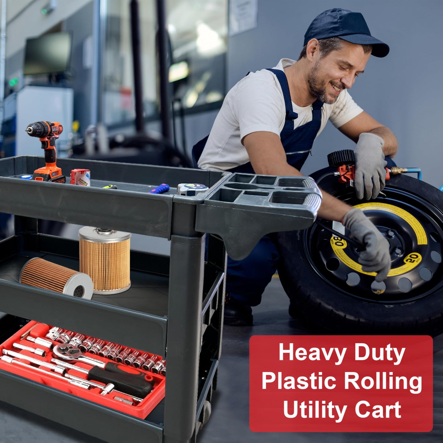 600 lbs Heavy Duty Rolling Utility Service Cart with Wheels, 3-Tier HDPE Deep Shelves, 5" Caster Wheels for Warehouse/Garage/Restaurants/Offices (SC3500D)