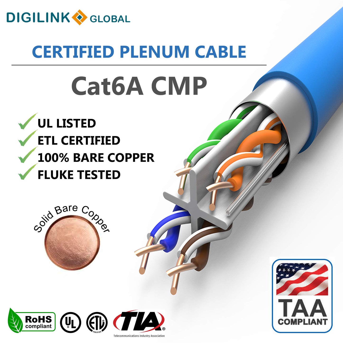 Digilink CAT6A 10Gb Plenum (CMP) F/UTP Shielded, ETL Certified, 100% Pure Copper, UL, 1000FT Bulk Cable (Blue)