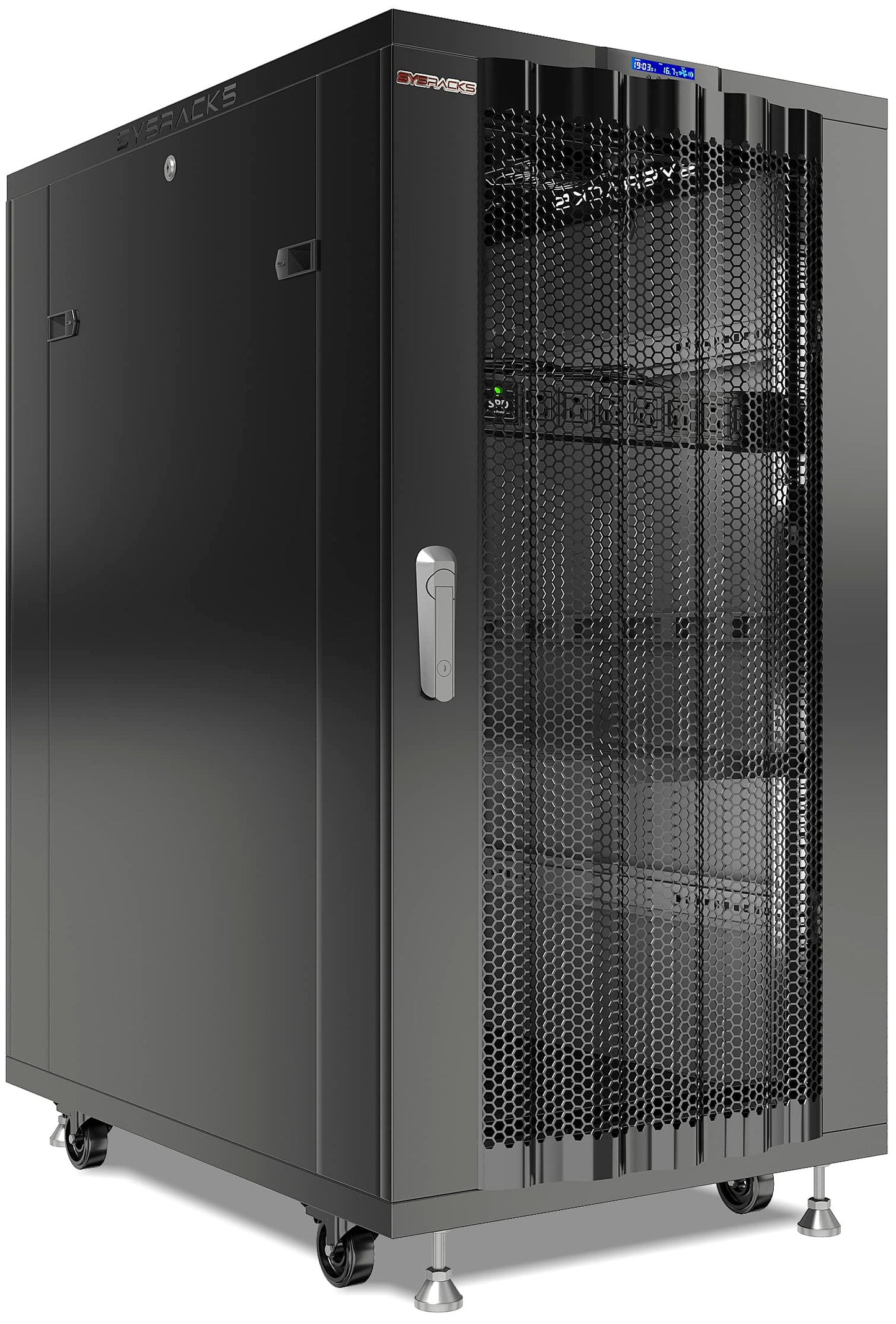 Sysracks 27U Server Rack Cabinet, 39" Deep, Glass Door, 19-Inch | Cooling fans, PDU, shelf, casters, leveling feet, cable entry brushes