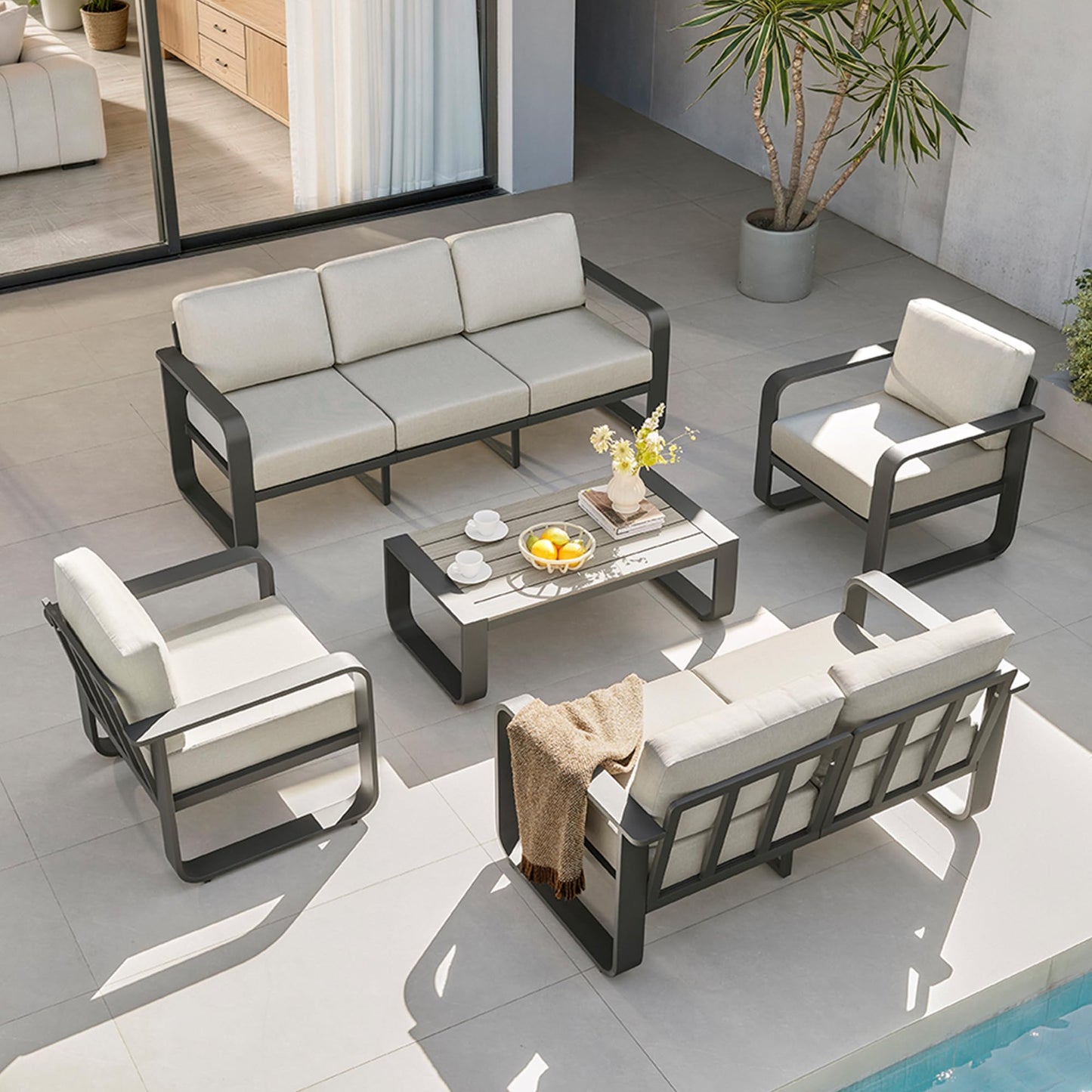 CHITA Outdoor Furniture Set 4 Piece, 5-Seats Patio Conversation Set with 6.3in Thick Cushions & 100% Aluminum Frame & Coffee Table, Modern Outdoor Patio Furniture Sofa Set for Poolside, Deck, Balcony