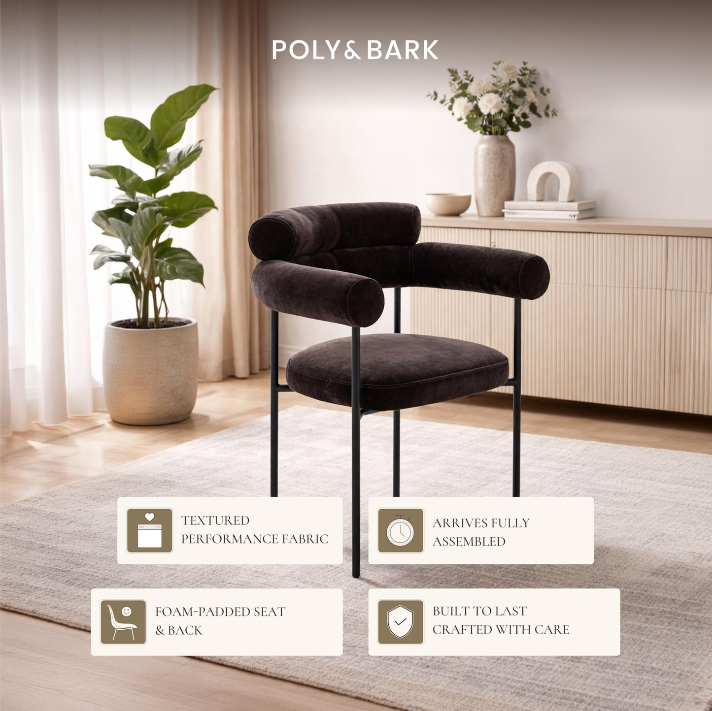 Poly & BARK Bolus Dining Chair – Ganache Brown Upholstered Accent Chair with Wood Legs – Refined Silhouette for Dining Room, Kitchen or Breakfast Nook – Arrives Fully Assembled