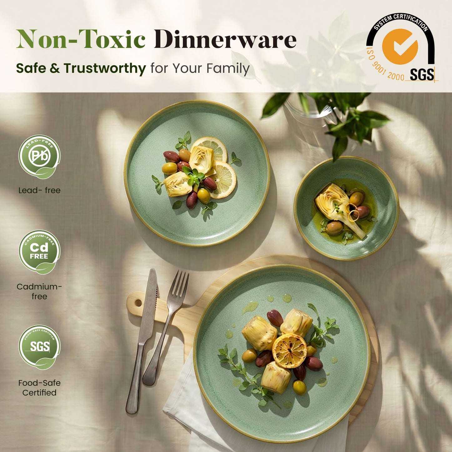 Kitchen Academy Brown Stoneawre Dinnerware Sets for 8, 24Pcs Ceramic Non Toxic Plates and Bowls Sets, Scratch Resistant Dishes, Oven & Microwave Safe