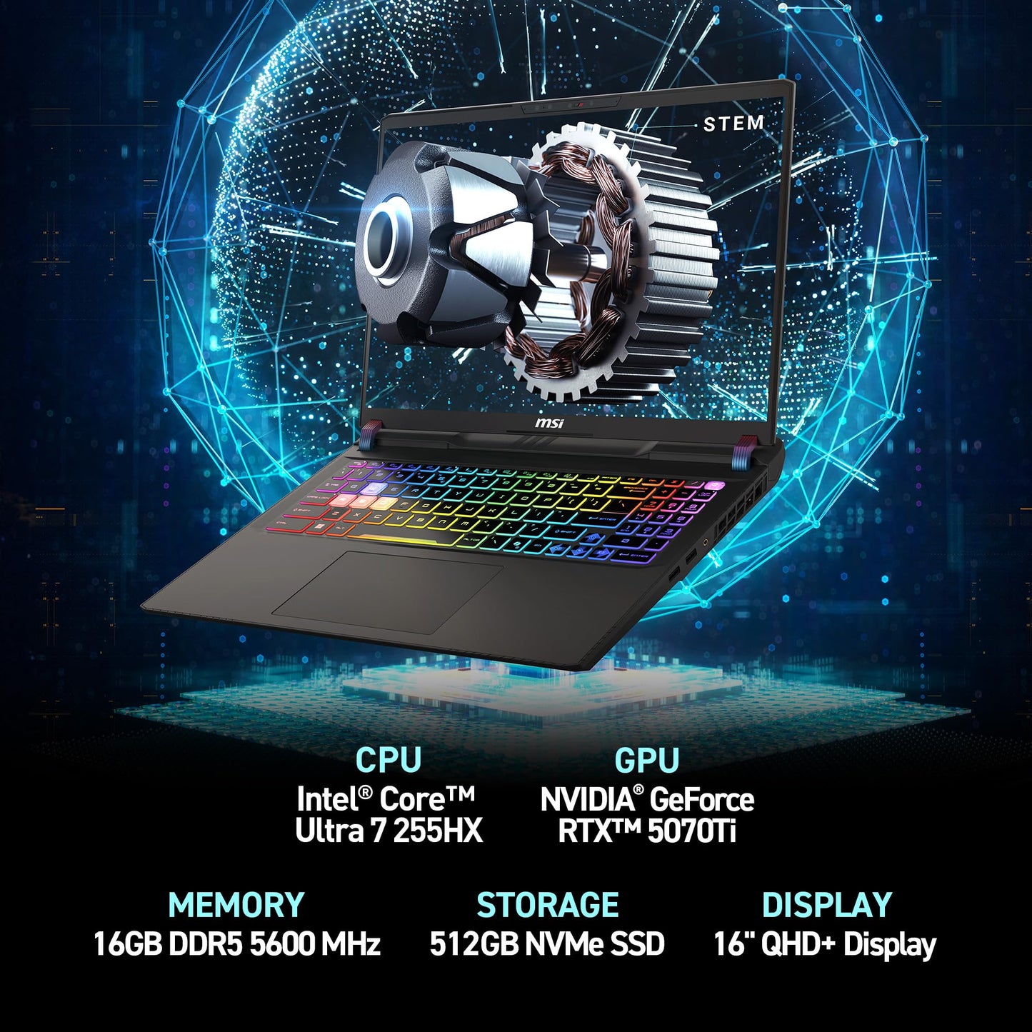 msi Vector 16 HX AI 16” 144Hz FHD+ Gaming Laptop: Intel Core Ultra 7-255HX, NVIDIA Geforce RTX 5070Ti, 16GB DDR5, 512GB NVMe SSD, Thunderbolt 5, Wi-Fi 6E, Win 11 Home: Cosmo Gray A2XWHG-212US