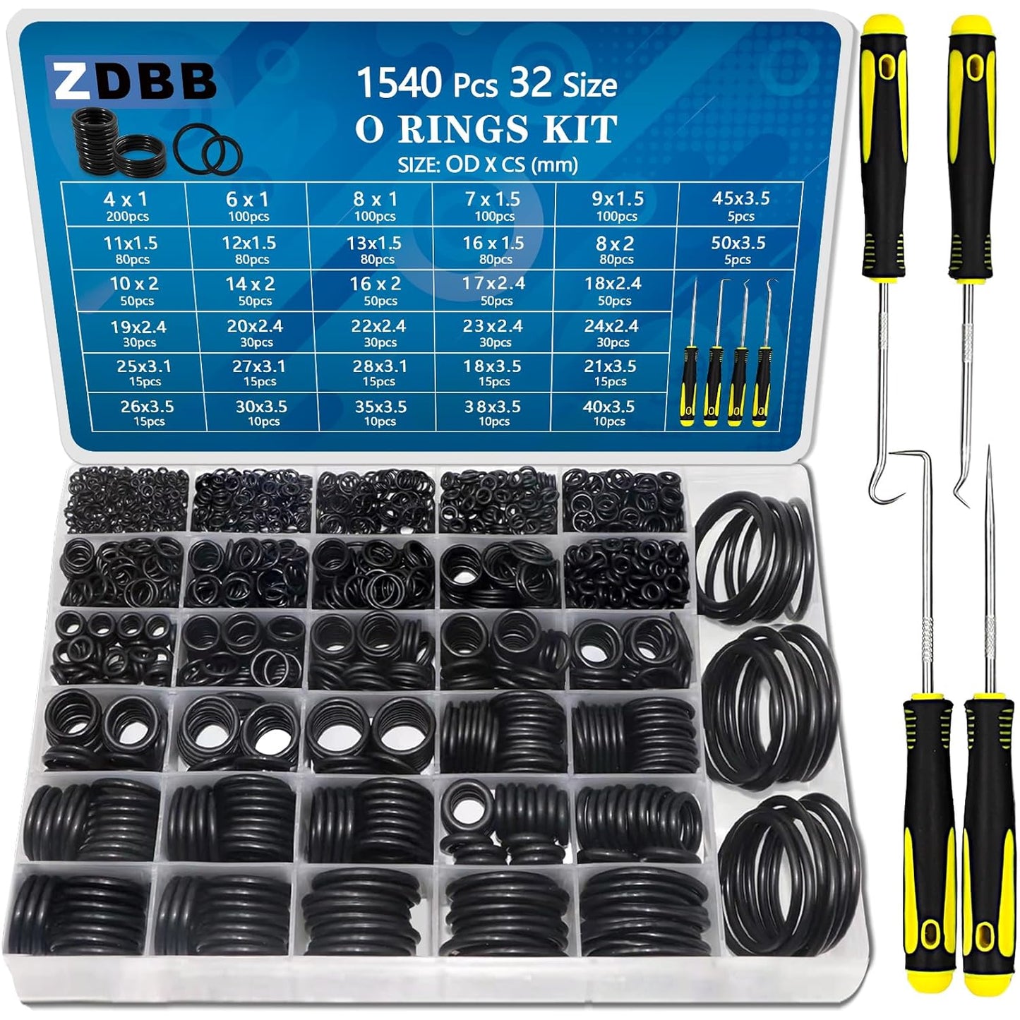 ZDBB 2210 Pcs Rubber O Rings Kit,18 ID Size and 32 OD Size O Rings Assortment with Pick and Hook Set of 2 Box