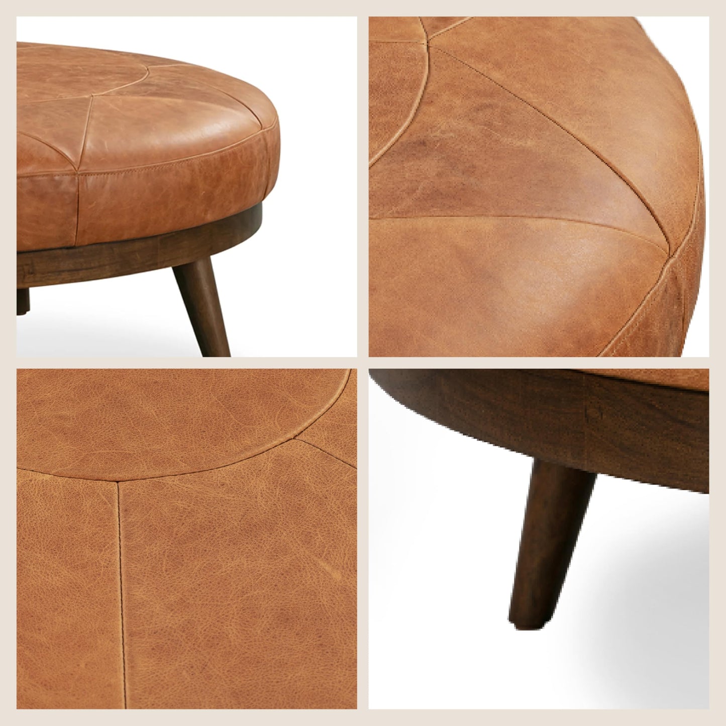 POLY & BARK Denver Ottoman – 43" Large Pouf with Feather-Down Topper – Full-Grain Leather Upholstered Pouf Ottoman for Living Room – Vintage Italian Leather in Cognac Tan