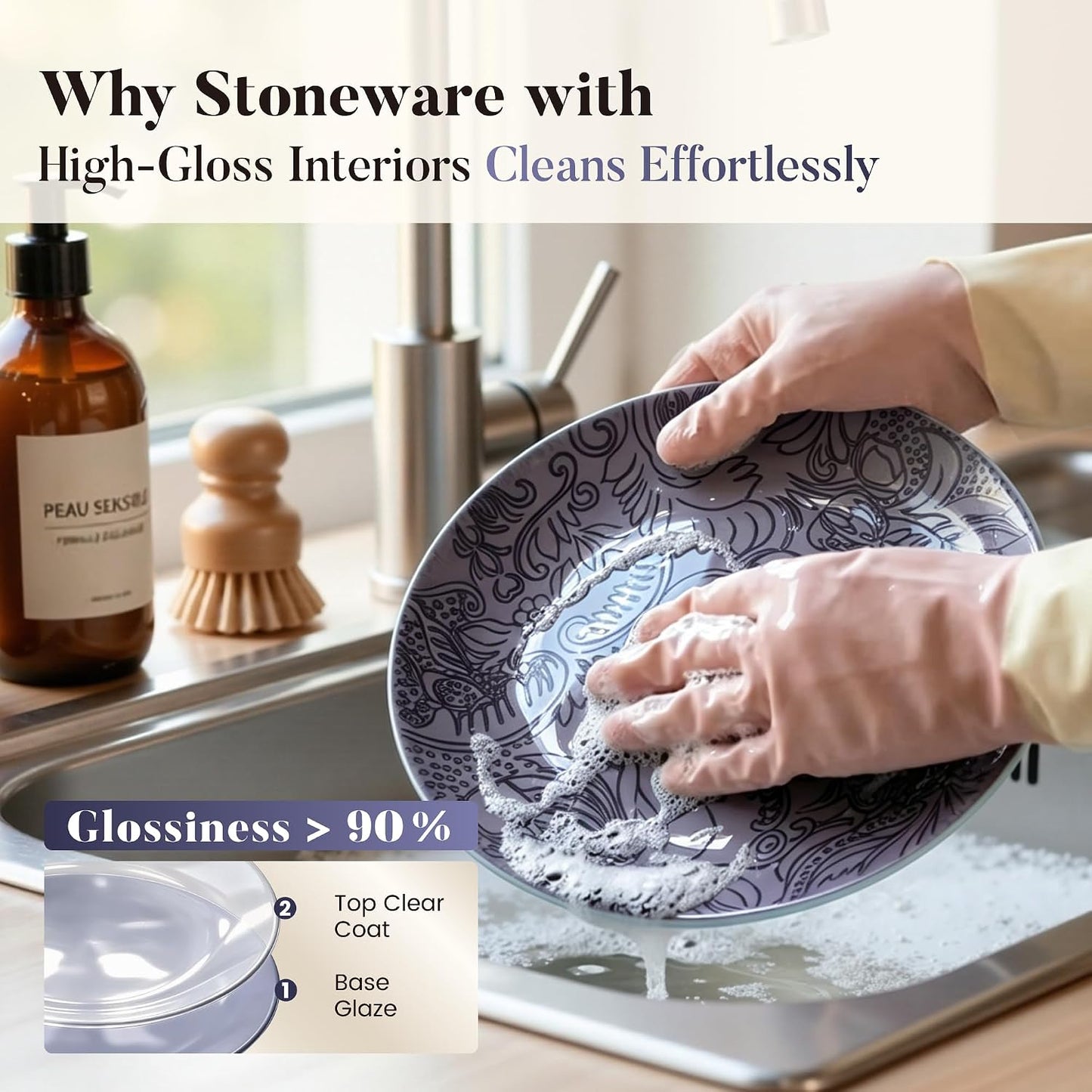 Kitchen Academy Scandinavian Dinnerware Set for 4, Stoneware Plates and Bowls Set Non Toxic, 12 Pcs Kitchen Dish Set, Microwave & Dishwasher Safe