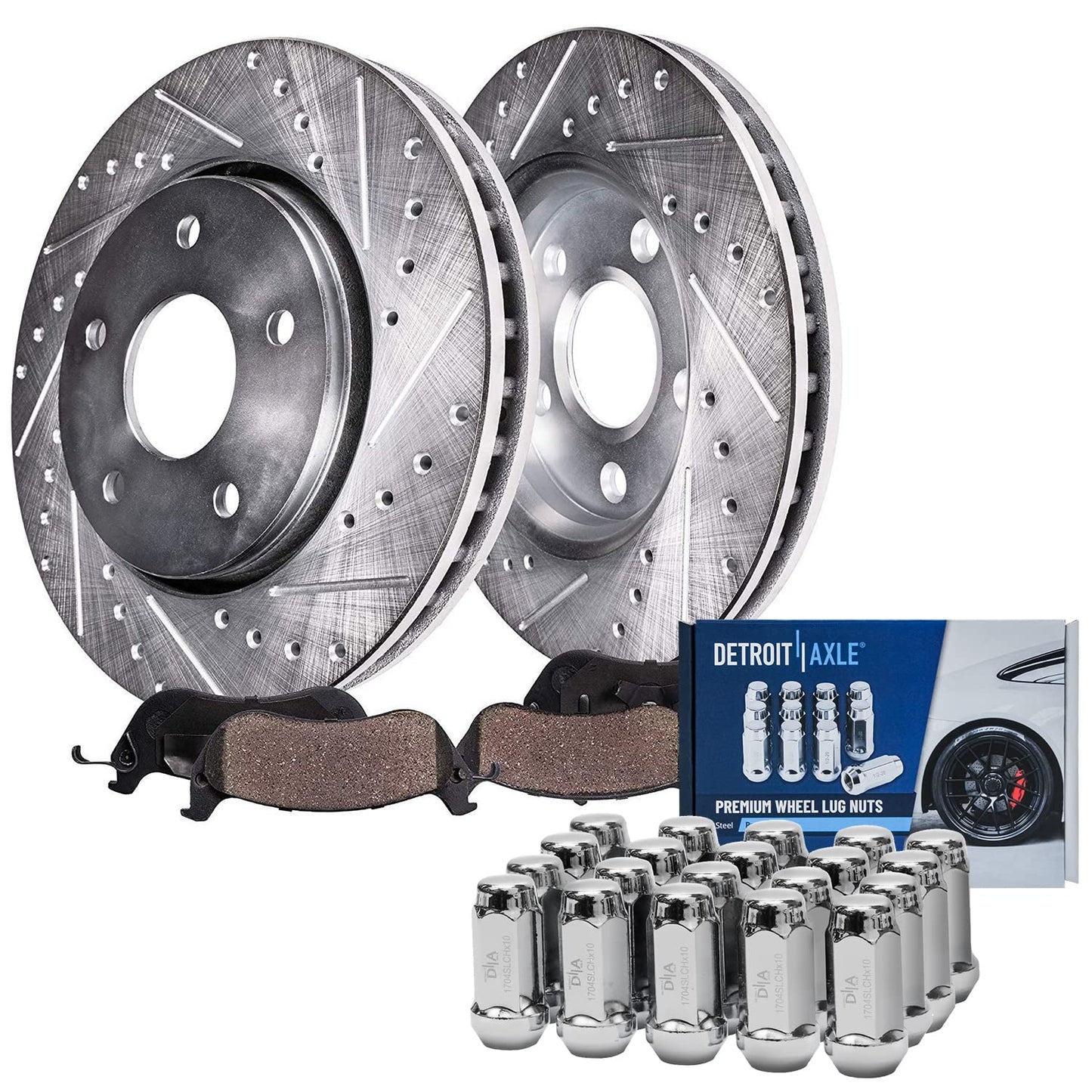 Detroit Axle - Front Brake Kit for Chevy GMC Silverado Suburban Sierra Savana Express 1500 Tahoe Yukon XL Cadillac Escalade ESV EXT Drilled Slotted Disc Brake Rotors Ceramic Brakes Pads Replacement