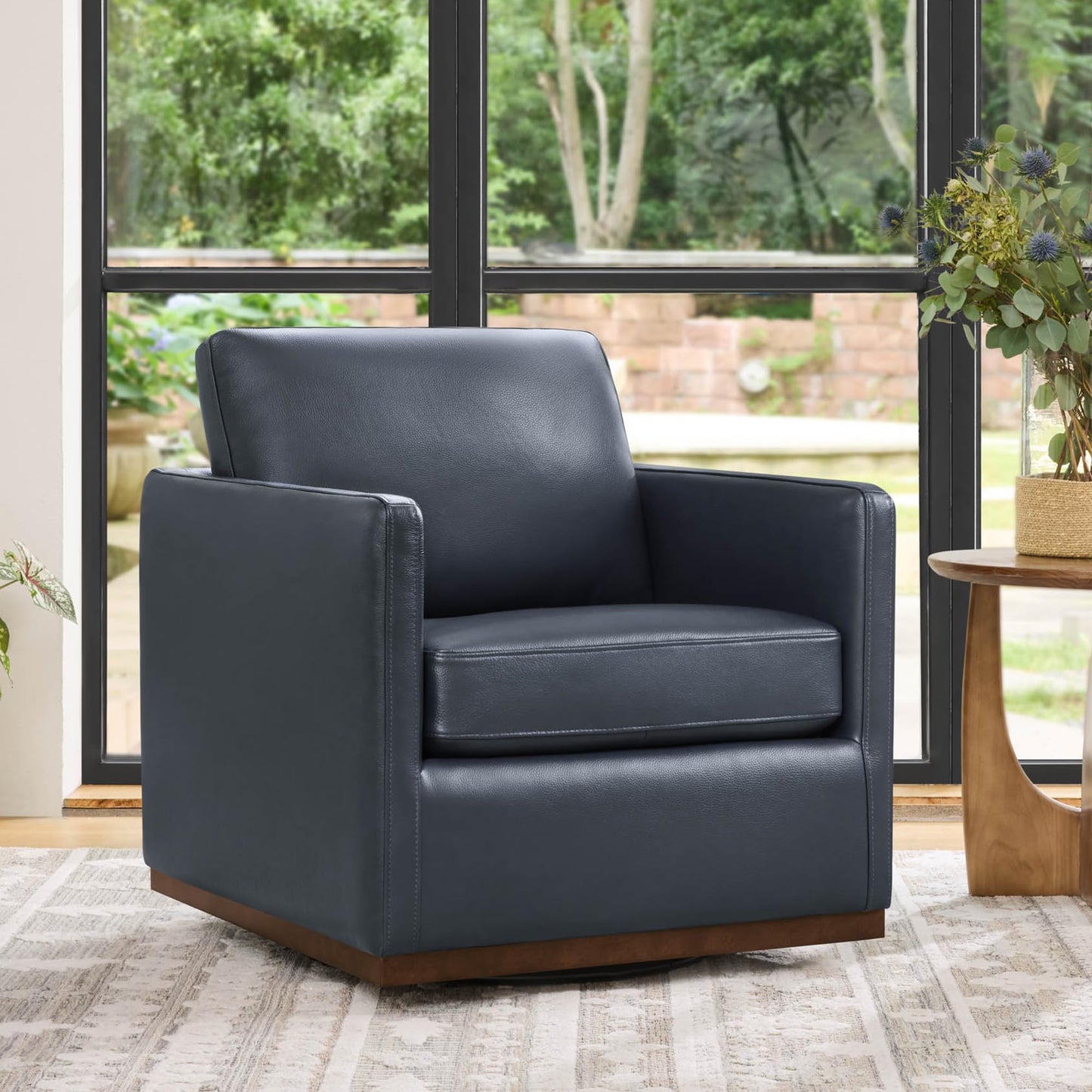 CHITA Genuine Leather Swivel Accent Chair, FSC Certified Mid Century Modern Arm Chair for Living Room and Bedroom, Fully Assembled, Saddle