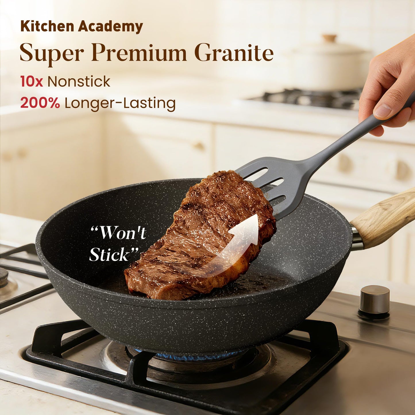 Kitchen Academy Induction Cookware Sets - 12 Piece Pots and Pans Set Non Stick, Black Granite Nonstick Cooking Pan Set(PFOS, PFOA Free)