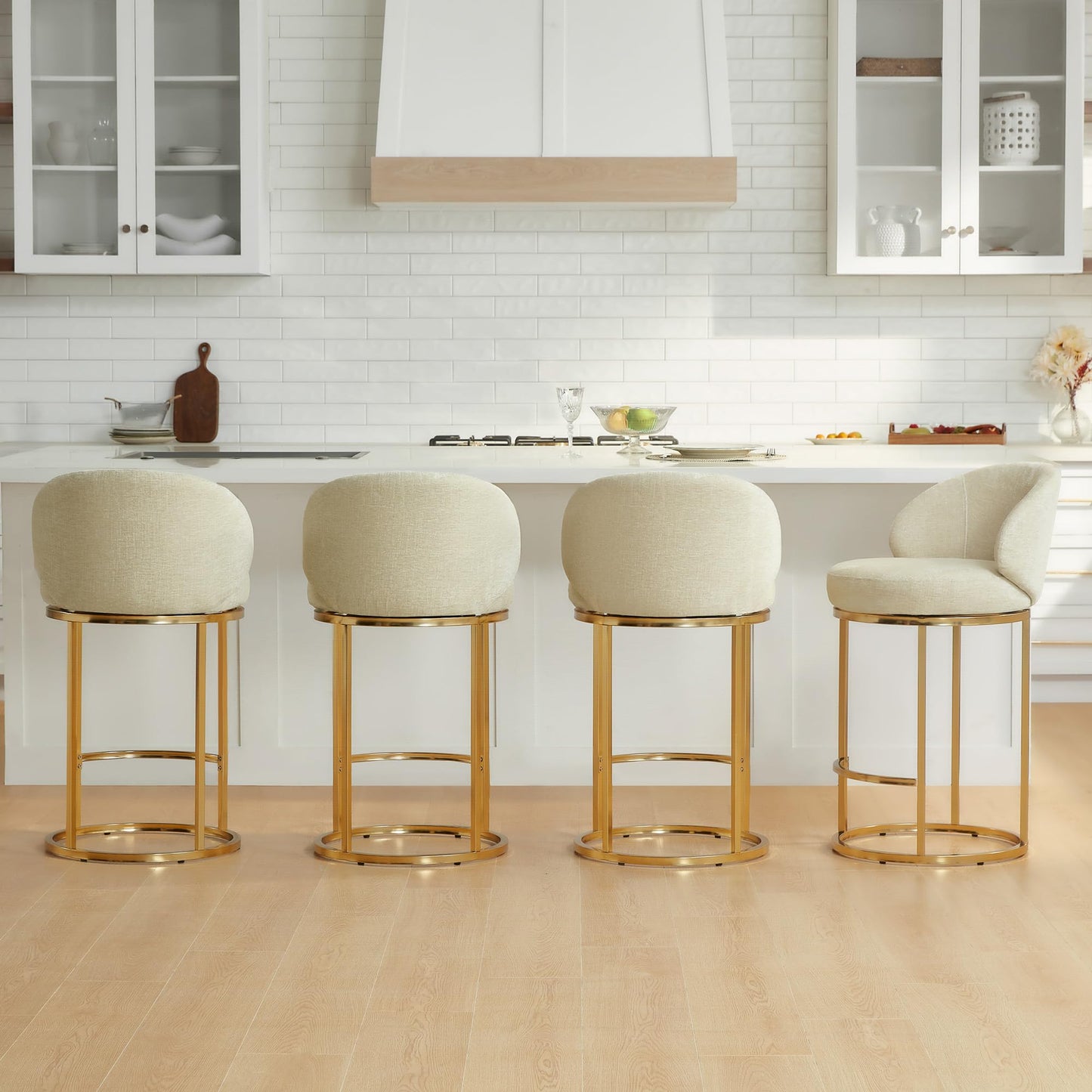 CHITA Swivel Counter Height Bar Stools Set of 3, Upholstered Bar Chairs with Backrest, Sturdy Metal Base, 26.8" Seat Height for Kitchen Island & Home Bar, Sand