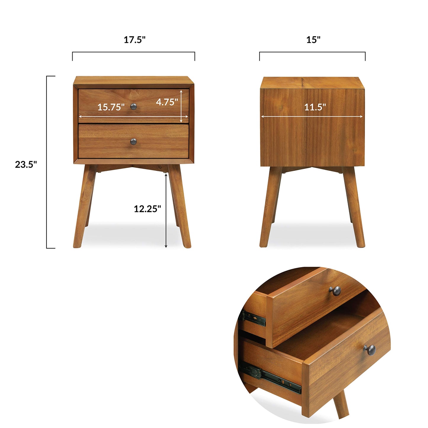 Poly & BARK Dorsey Nightstand - Mid-Century Modern Nightstand – Solid Wood Bedside Table with 2 Drawers, Acorn Walnut Finish, 23.5" Tall