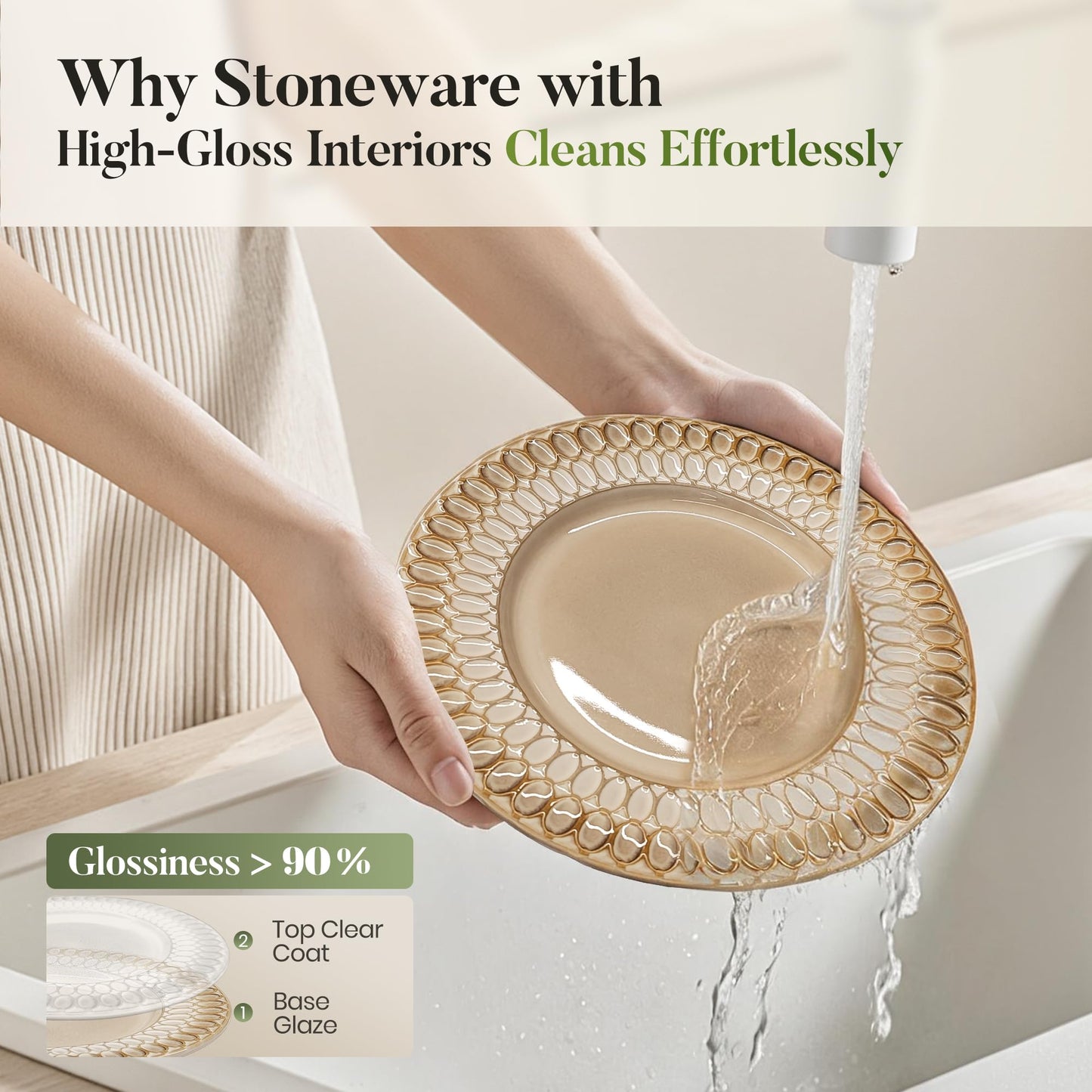 Kitchen Academy Stoneware Dinnerware Sets for 8, Embossed Ceramic Plates and Bowls Set, Beige Dishes