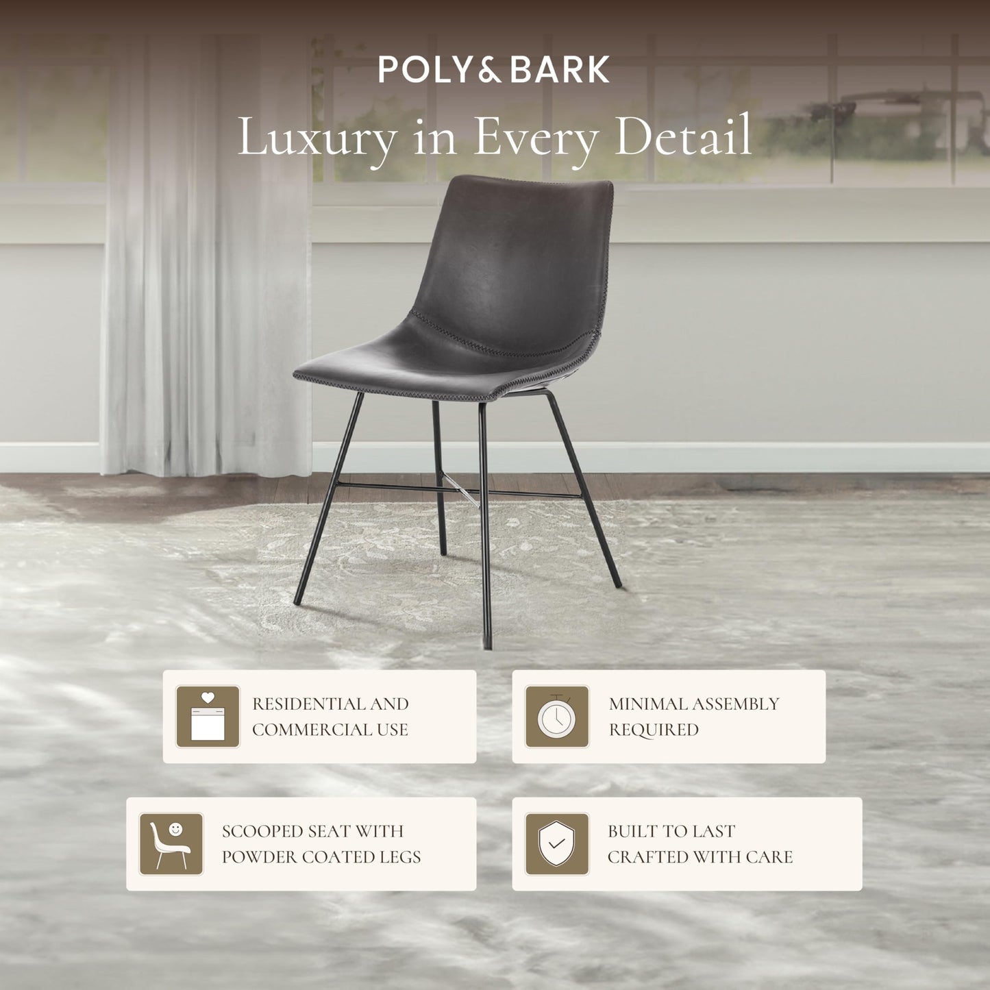 POLY & BARK Paxton Leather Counter Stools 24 Inches – Set of 2 - Counter Height Bar Stools with Back – Modern Barstools for Kitchen Island or Counters – Faux Leather & Matte Black Steel Base – Tan