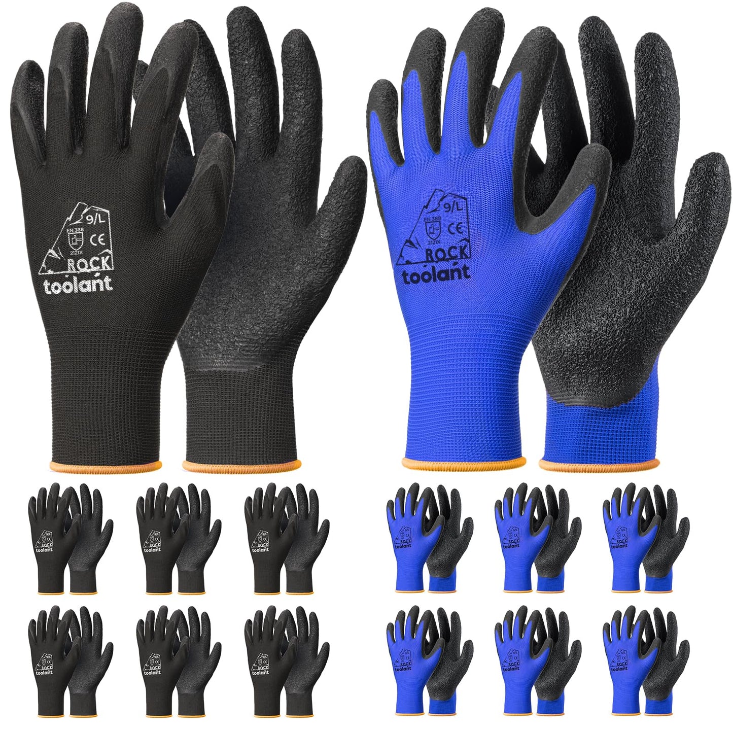 toolant Crinkle Latex Work Gloves Bulk, Rubber Coated Safety Work Gloves for Men and Women, 12 Pairs for Construction, Gardening, Warehouse (Black, Large)