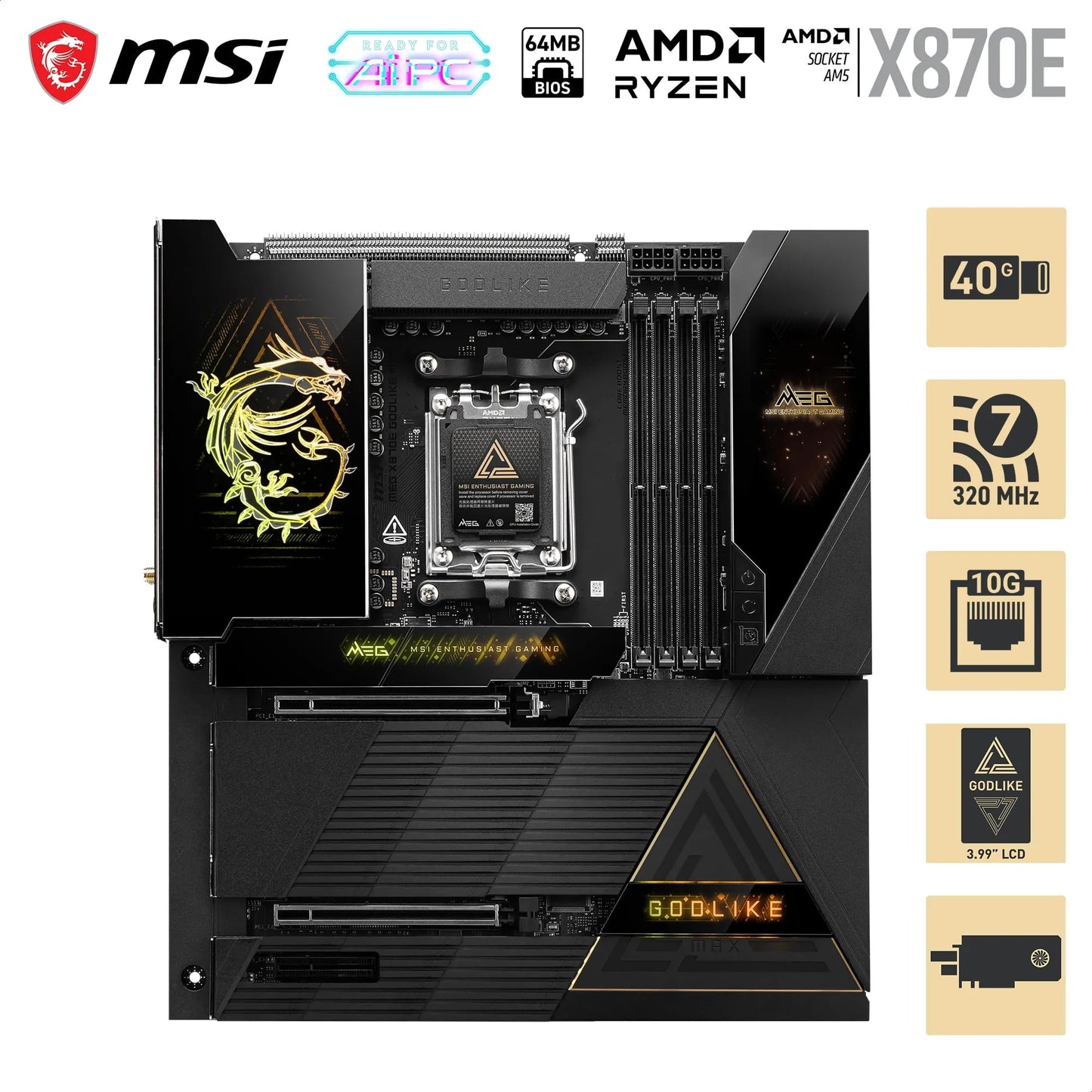 MSI MPG X870E Carbon WiFi Gaming Motherboard (AMD Ryzen 9000/8000/7000 Series Processors, AM5, DDR5, PCIe 5.0, M.2 Gen5, SATA 6Gb/s, USB 40Gbps, HDMI, Wi-Fi 7, Bluetooth 5.4, 5Gbps LAN, ATX)