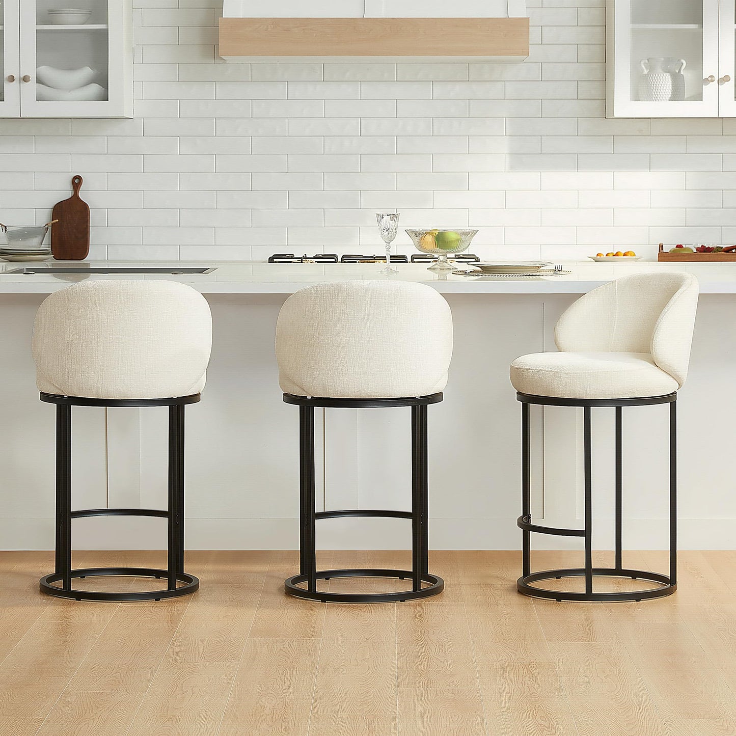 CHITA Swivel Counter Height Bar Stools Set of 3, Upholstered Bar Chairs with Backrest, Sturdy Metal Base, 26.8" Seat Height for Kitchen Island & Home Bar, Sand