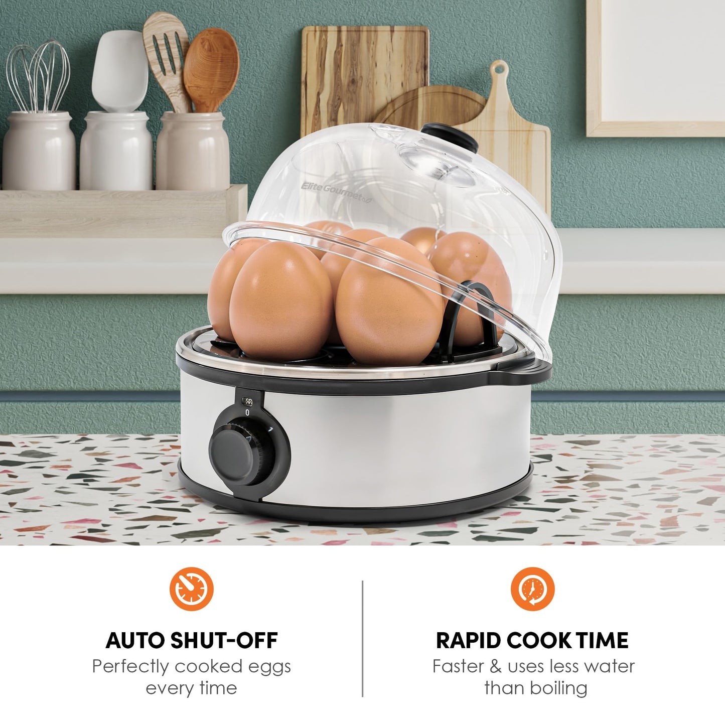 Elite Gourmet EGC115B Easy Egg Cooker Electric 7-Egg Capacity, Soft, Medium, Hard-Boiled Egg Cooker with Auto Shut-Off, Measuring Cup Included, BPA Free, Classic Black