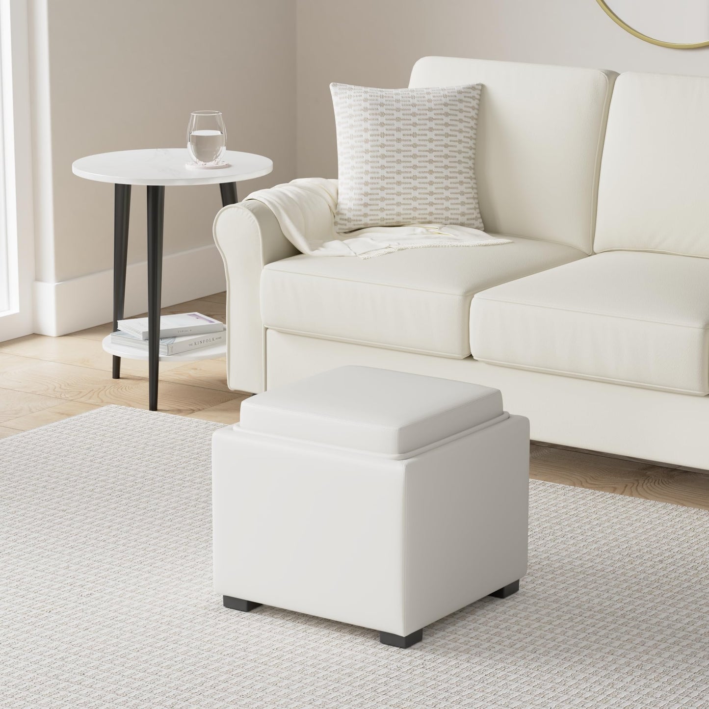 CHITA Storage Ottoman Cube with Tray Lid, Small Footstool with Storage, Square End Table for Living Room and Bedroom, Faux Leather in Saddle Brown