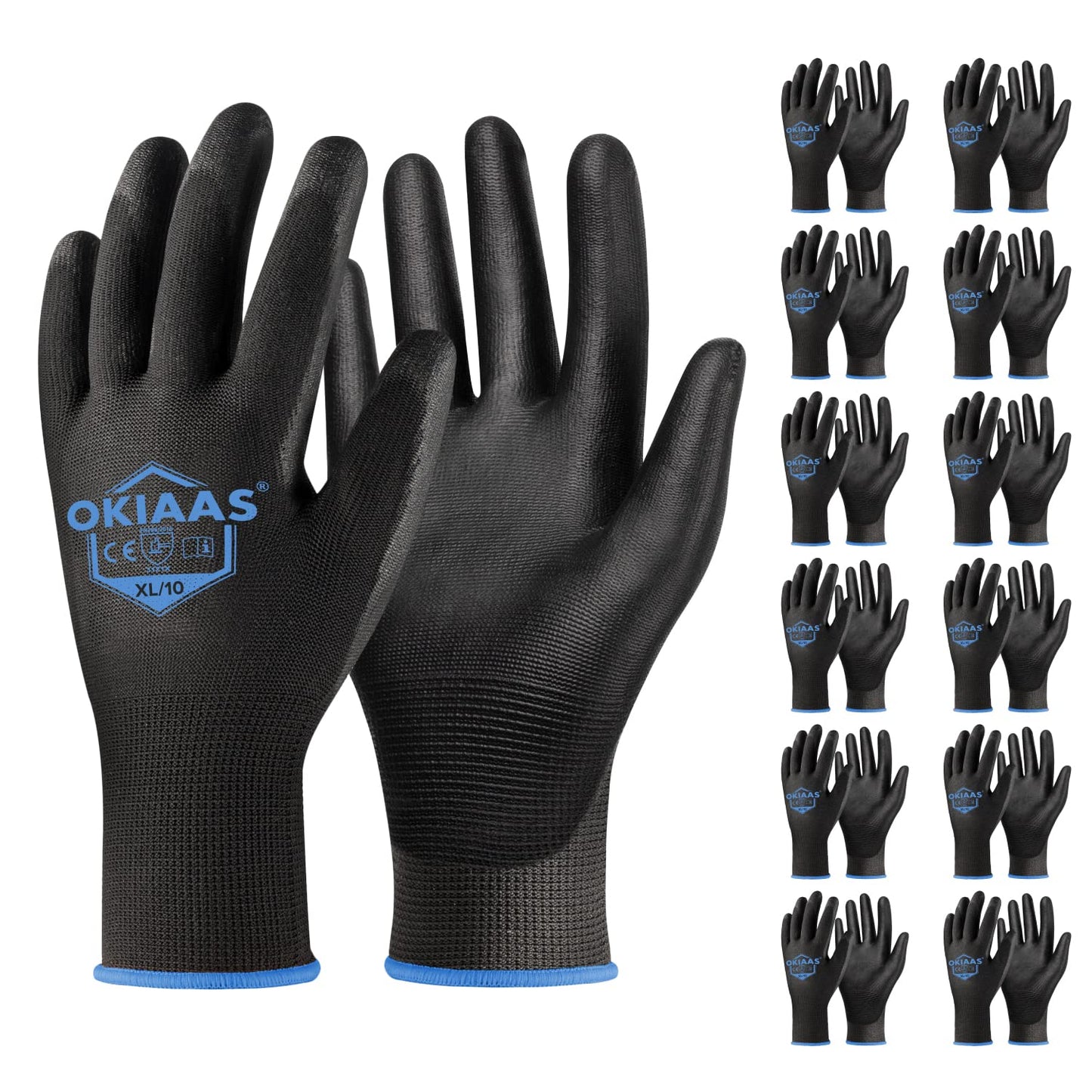 OKIAAS Work Gloves for Men,Ultra Thin and Lightweight Working Gloves with Grip,12 Pairs Bulk Pack Construction Gloves with Polyurethane Coating,Safety Gloves for Light Duty Work (Black, Large)