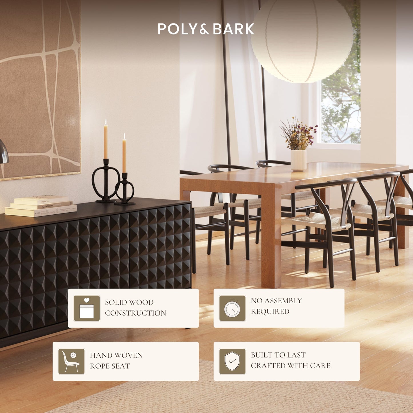POLY & BARK Weave Dining Chair – Mid-Century Modern Wishbone Dining Chair with Arms, Solid Wood Frame, Indoor Use – Black – Single - Ideal for Dining Room, Kitchen or Stylish Accent Setting