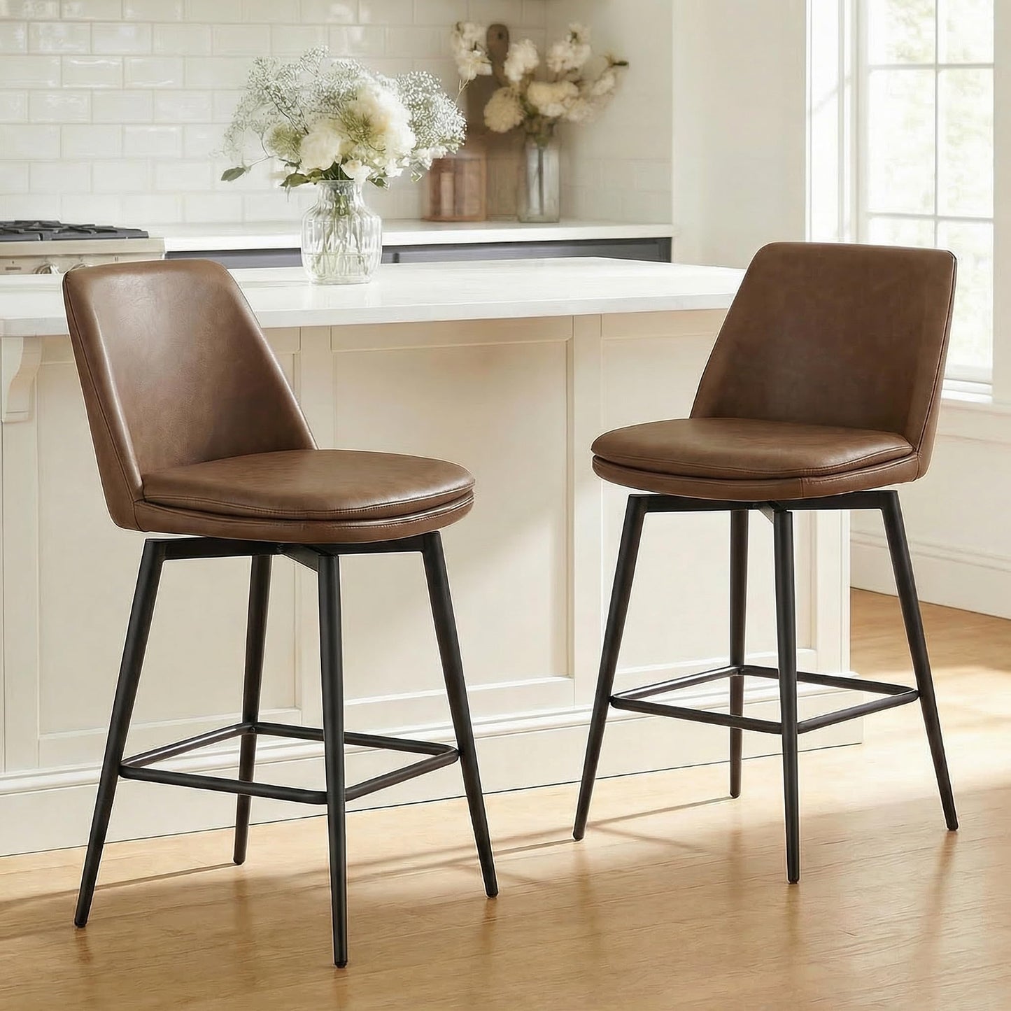 CHITA Swivel Bar Stools, 27.2" Counter Height Bar Stools Set of 3, FSC Certified Upholstered Modern Counter Stools, Metal Legs, Faux Leather, Saddle Brown