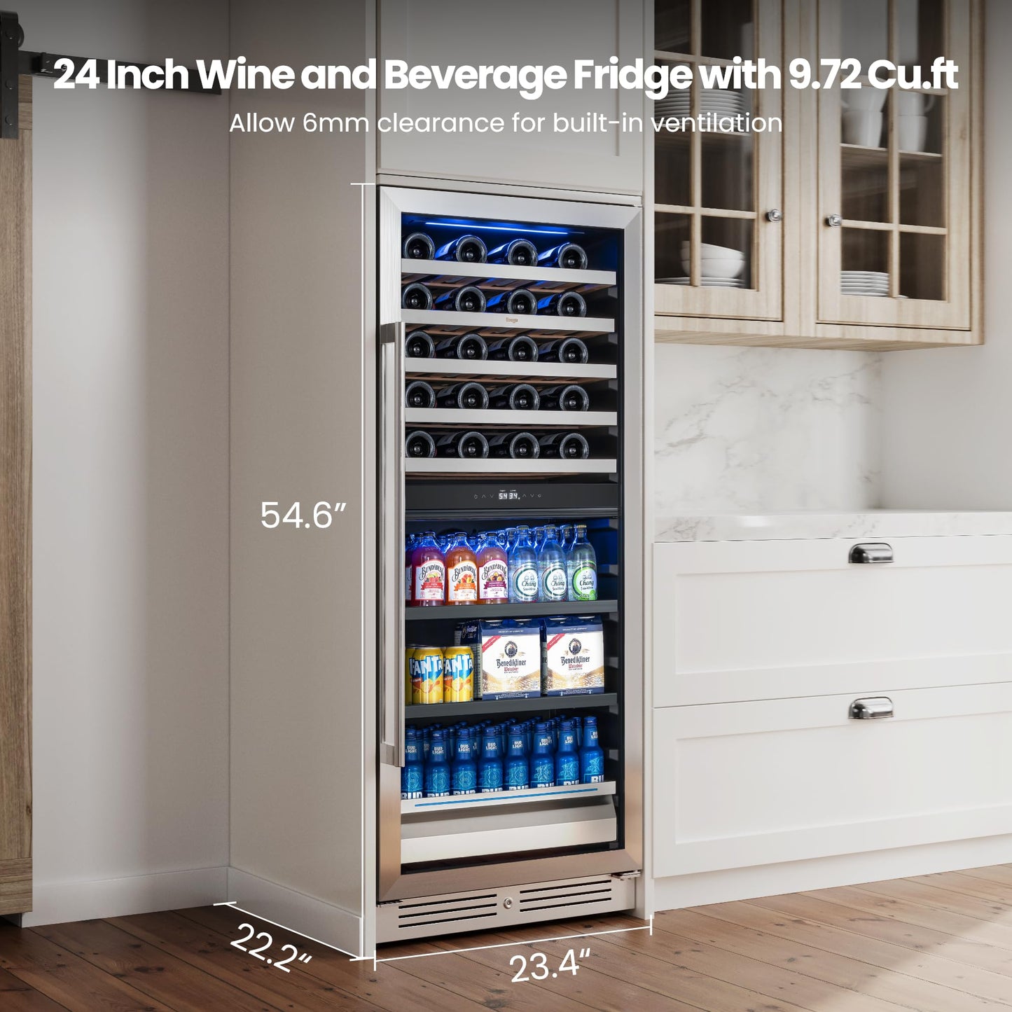 Yeego Wine Fridge Cooler - 24 Inch Dual Zone Wine Fridge Hold 52 Bottles, 40-65°F Wine Refrigerator Glass Door, Built in Fridge, Freestanding Adjustable Shelves Fridge for Beer Soda Drink Home Bar