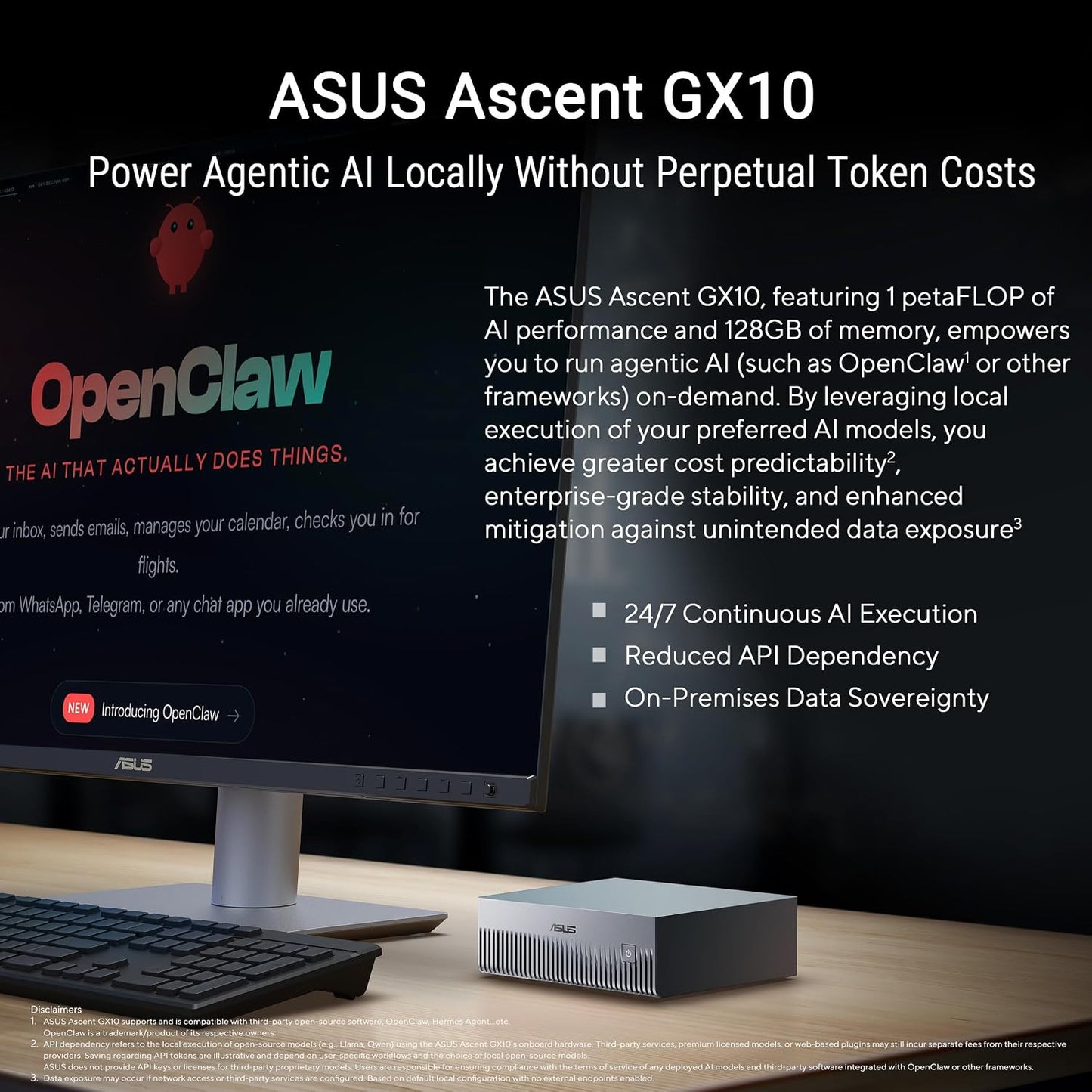 ASUS Ascent GX10 AI Supercomputer, DGX Spark, NVIDIA GB10 Superchip, 128GB LPDDR5x, 1TB PCIe Gen4 NVMe SSD, Wi-Fi 7 & BT5.4, Agentic AI Ready, Supports OpenClaw, NemoClaw, Stackable Chassis