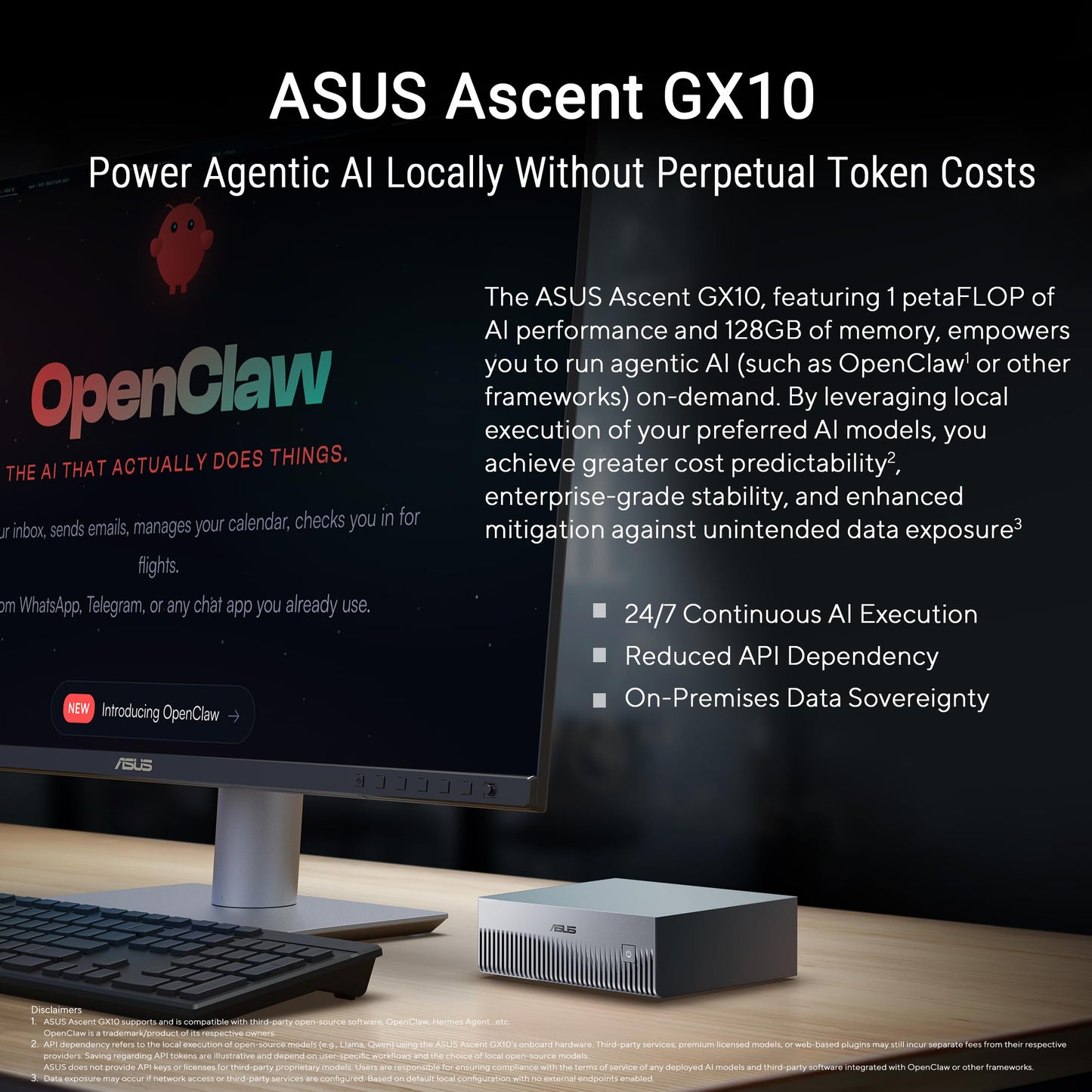 ASUS Ascent GX10 AI Supercomputer, DGX Spark, NVIDIA GB10 Superchip, 128GB LPDDR5x, 1TB PCIe Gen4 NVMe SSD, Wi-Fi 7 & BT5.4, Agentic AI Ready, Supports OpenClaw, NemoClaw, Stackable Chassis