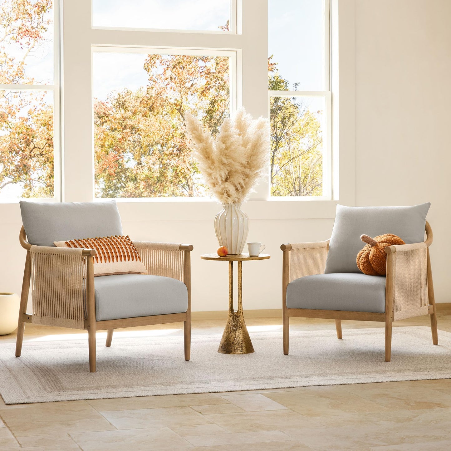 CHITA Braid Accent Chair, Modern Armchair with Solid Wooden Armrest for Living Room and Bedroom, Boho Reading Chair, Cream