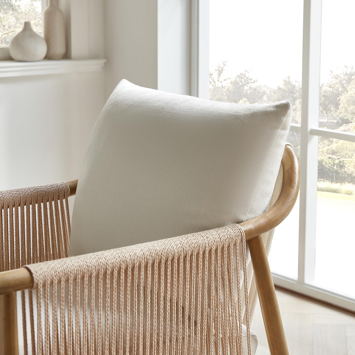CHITA Braid Accent Chair, Modern Armchair with Solid Wooden Armrest for Living Room and Bedroom, Boho Reading Chair, Cream