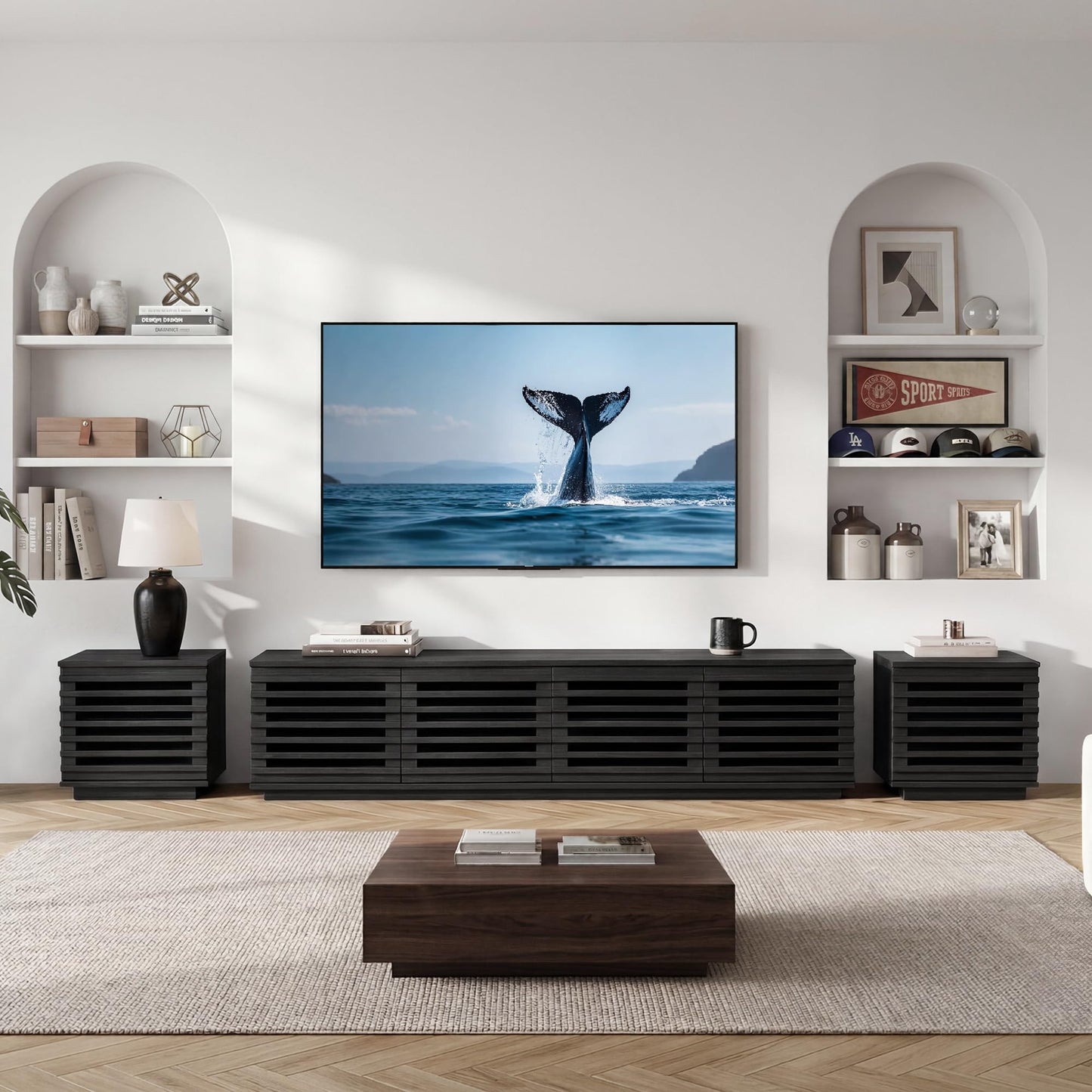CHITA 70" Modern TV Stands with LED Light for TVs Up to 75 inches, Low Profile Entertainment Center with 4 Flip-Down Door & Fluted Details, TV Media Console for Living Room, Black