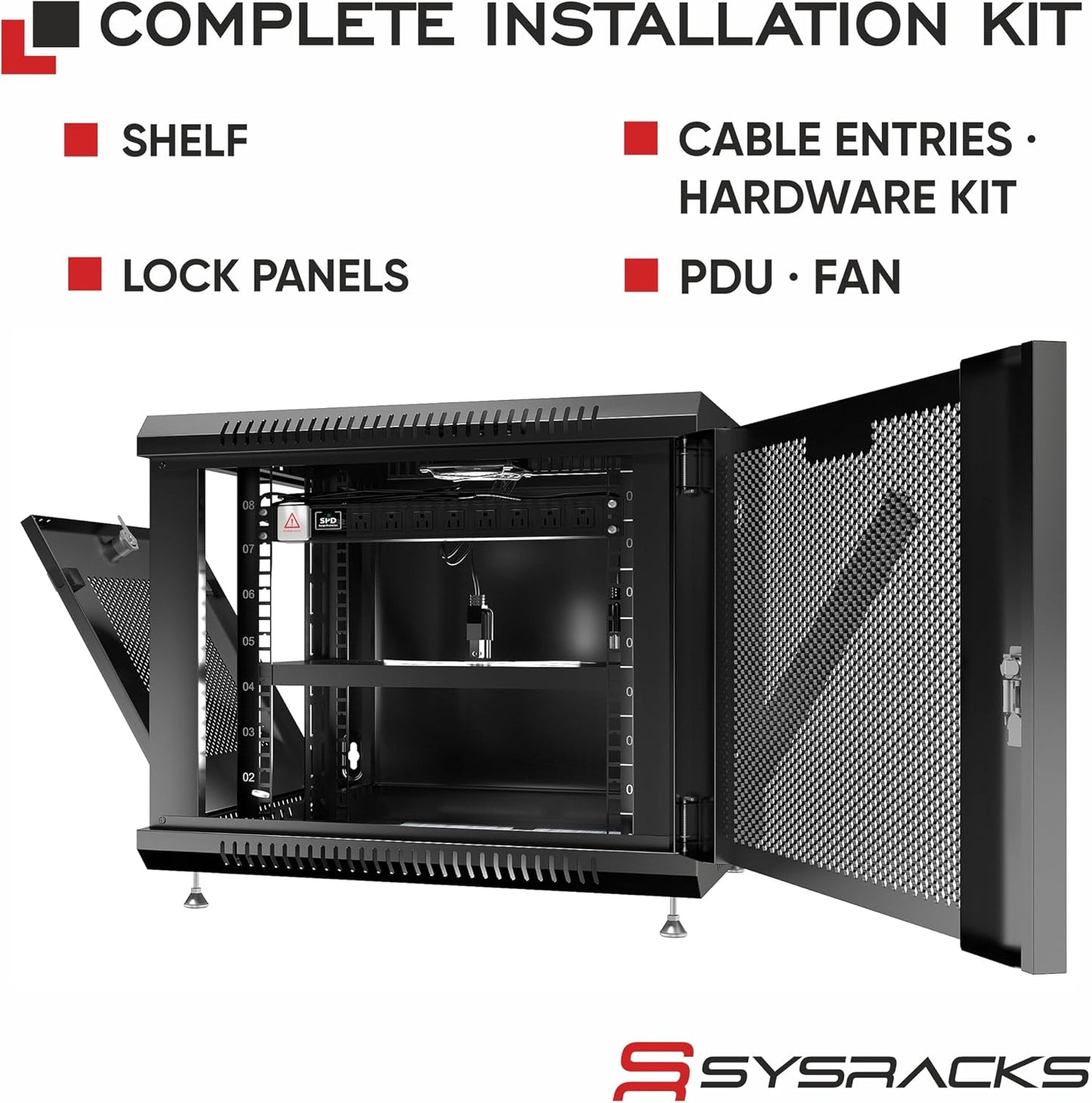 Sysracks 12U Wall Mount Server Rack, 35" Deep, Mesh Door, 19-Inch | Fan, PDU, shelf, cable brush panels, 133 lb wall mount capacity
