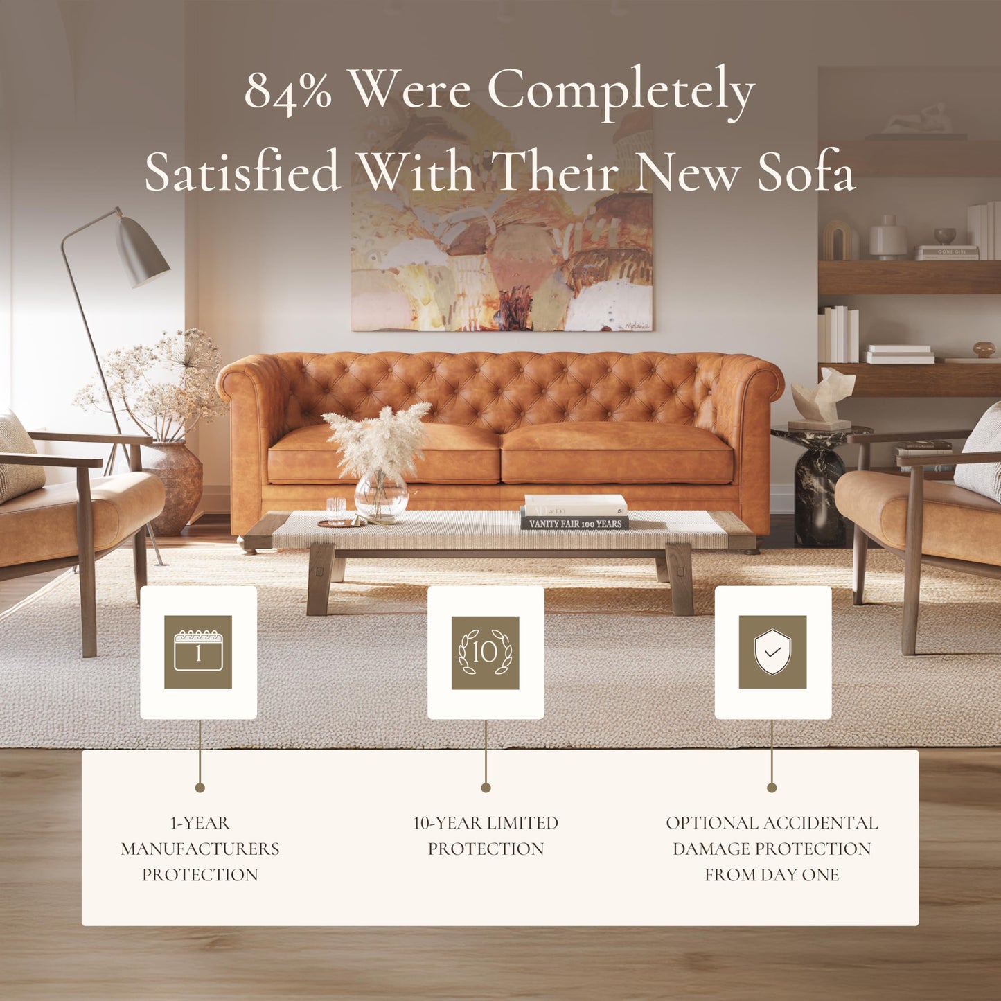 POLY & BARK Sorrento 86" Sofa – Cognac Tan Full-Grain Pure-Aniline Italian Leather, Feather-Down Cushions, Solid Wood Frame & Walnut Legs