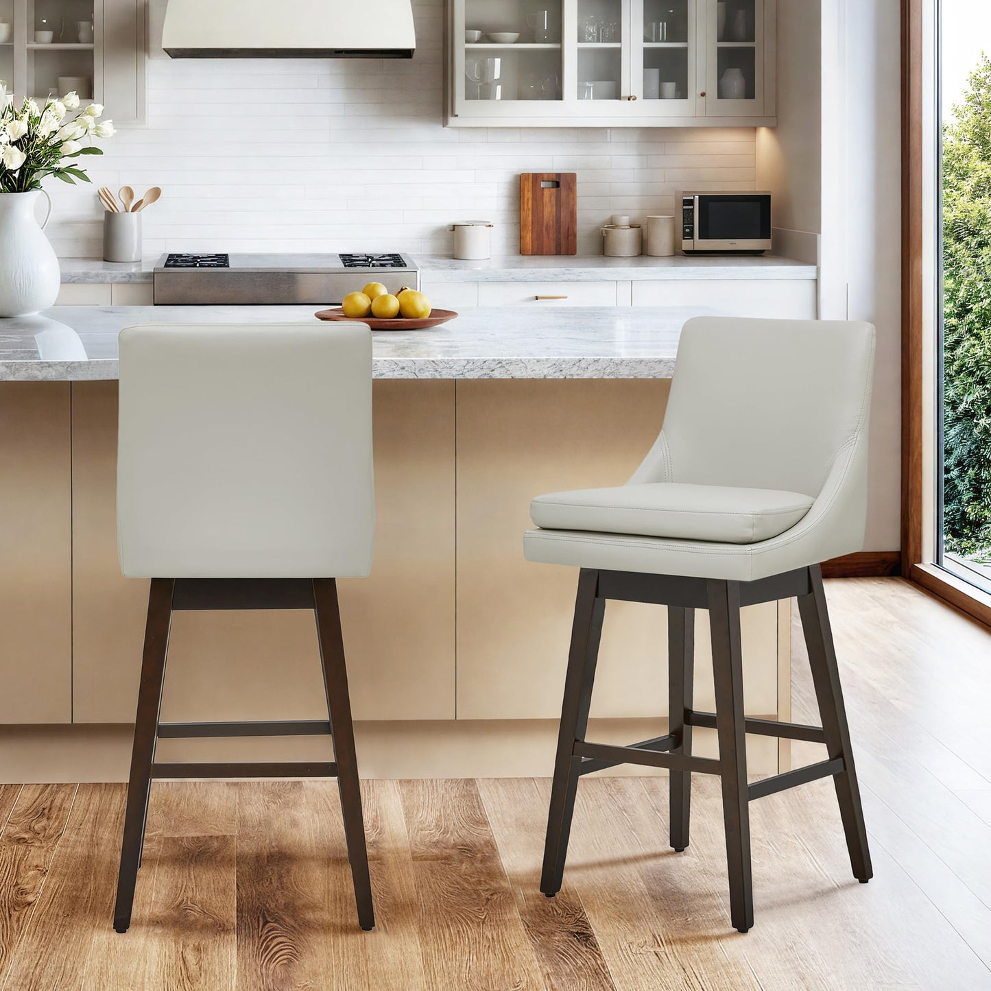 CHITA Bar Height Swivel Barstool with Back Set of 2, FSC Certified Upholstered Bar Stool, 30.7" H Seat Height, Fabric in Ivory