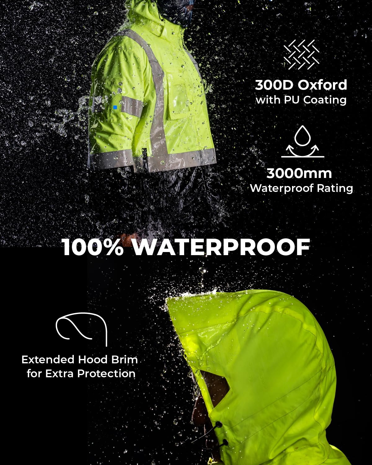 toolant 100% Waterproof Safety Jackets for Men, Hi Vis Reflective Work Jackets, Construction Rain Coats for Cold Weather