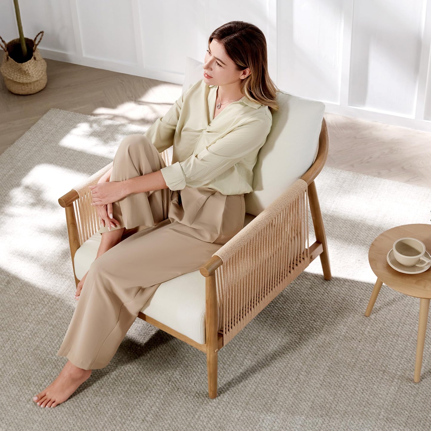 CHITA Braid Accent Chair, Modern Armchair with Solid Wooden Armrest for Living Room and Bedroom, Boho Reading Chair, Cream