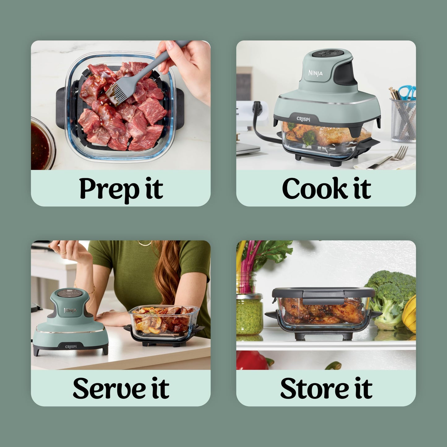 Ninja Crispi 4 in 1 Glass Air Fryer, 450°F, Non Toxic, 4QT and 6 Cup Containers with Lids, Dishwasher Safe, Stone, 1 Count, FN101ST