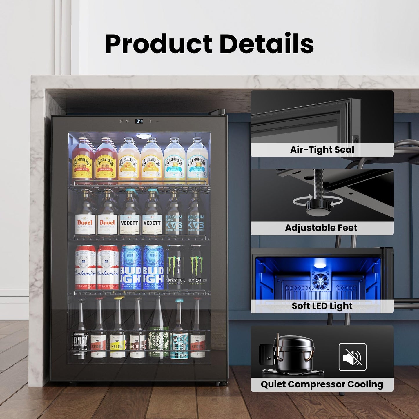 Yeego Beverage Refrigerator, 130 Can Mini Fridge with Glass Door, Adjustable Shelves, Digital Temperature Control 34°F-54°F, Drink Cooler for Soda, Beer and Wine, Freestanding or Under Counter, Black
