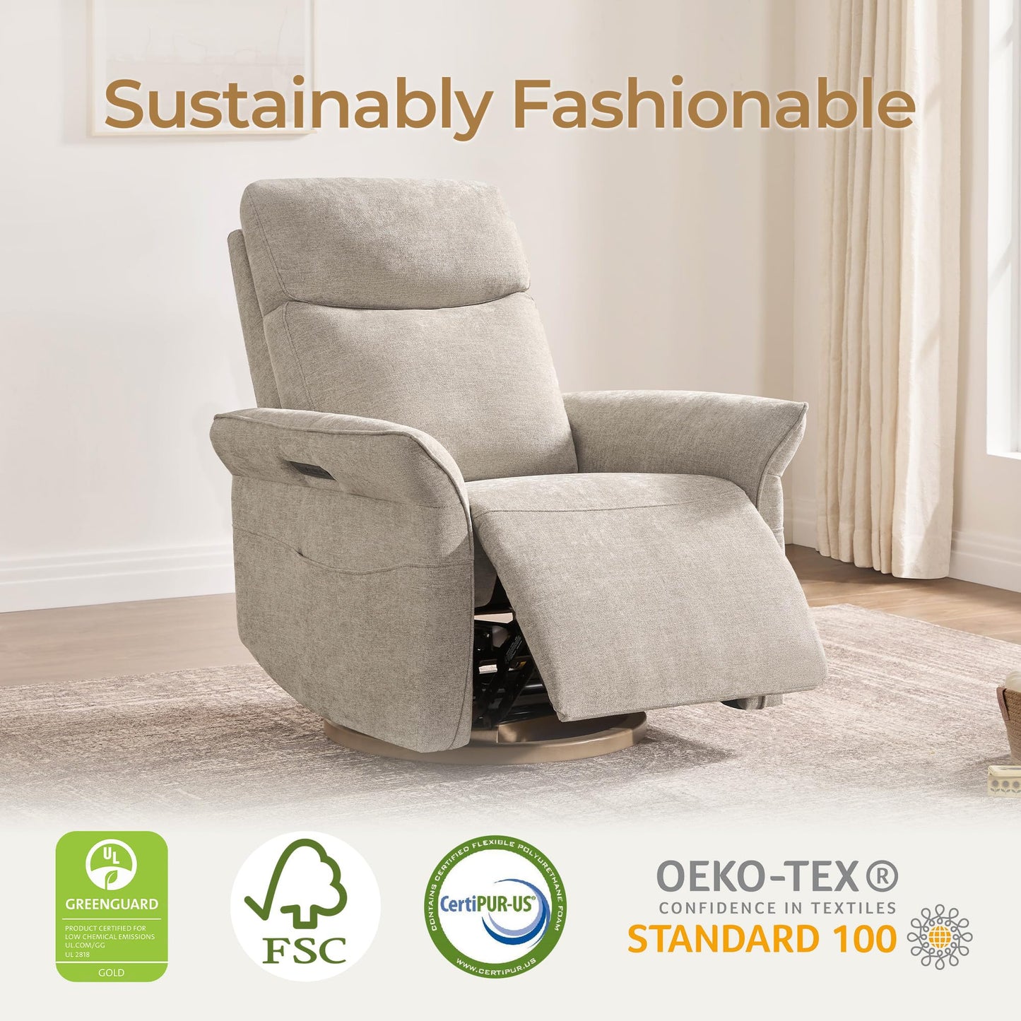 CHITA Power Recliner Chair, Electric Triple-Motor Swivel Glider Nursery Rocking Chair with Adjustable Power Headrest and Lumbar Support, GREENGARD Gold Certified, Solid Wood Base, Linen