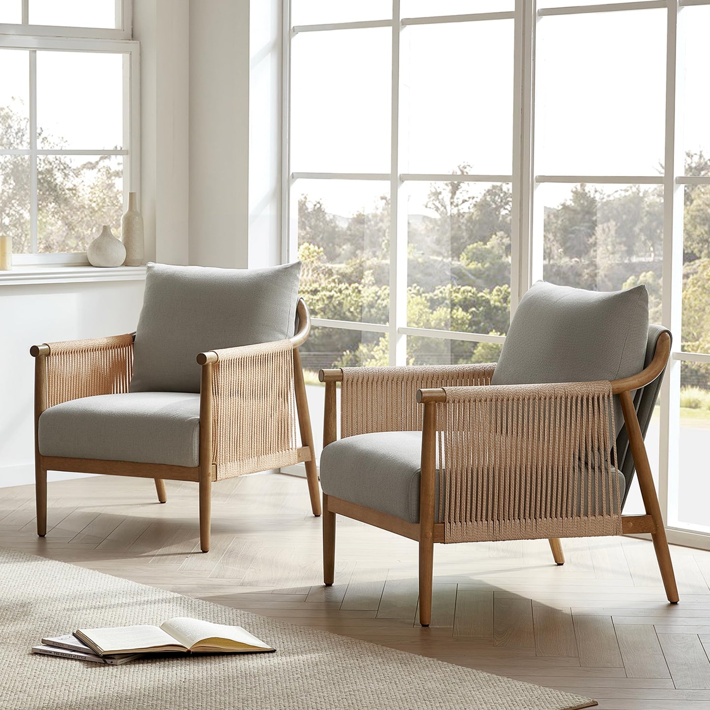 CHITA Braid Accent Chair, Modern Armchair with Solid Wooden Armrest for Living Room and Bedroom, Boho Reading Chair, Cream