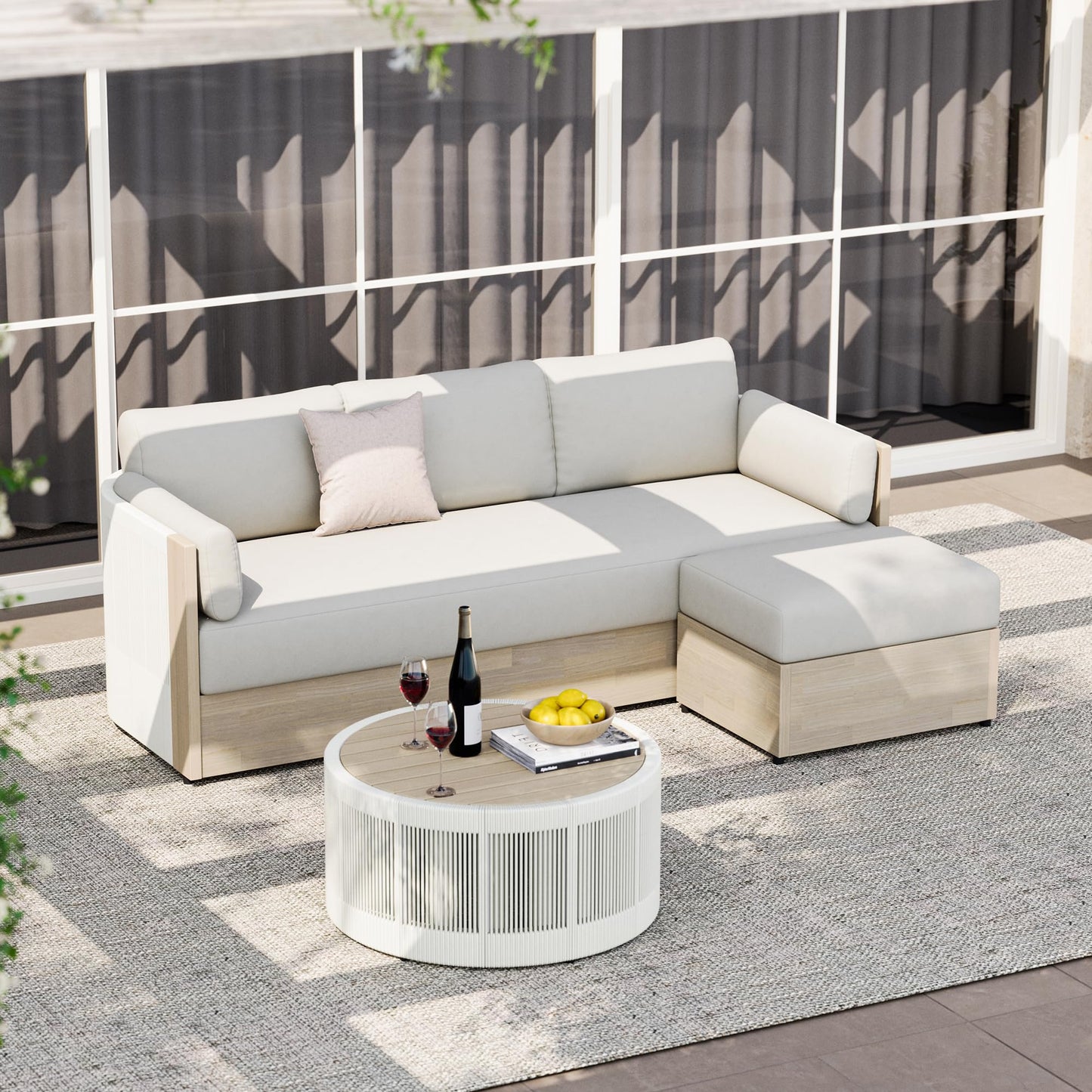 CHITA 3 Pieces Boho Patio Rattan Bistro Set, Outdoor Wicker Furniture Swivel Chairs & Side Table Set with 2 Arm Pillows, Acacia Wood Frame, Fully Assembled(Cream)
