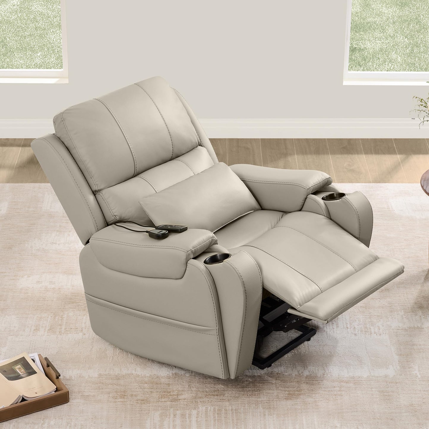 CHITA Power Lift Recliner Chair for Elderly with Heat and Massage, Genuine Leather Electric Lift Chairs with Cup Holder, Removable Lumbar Pillow, 2 Side Pockets, Leather in Navy
