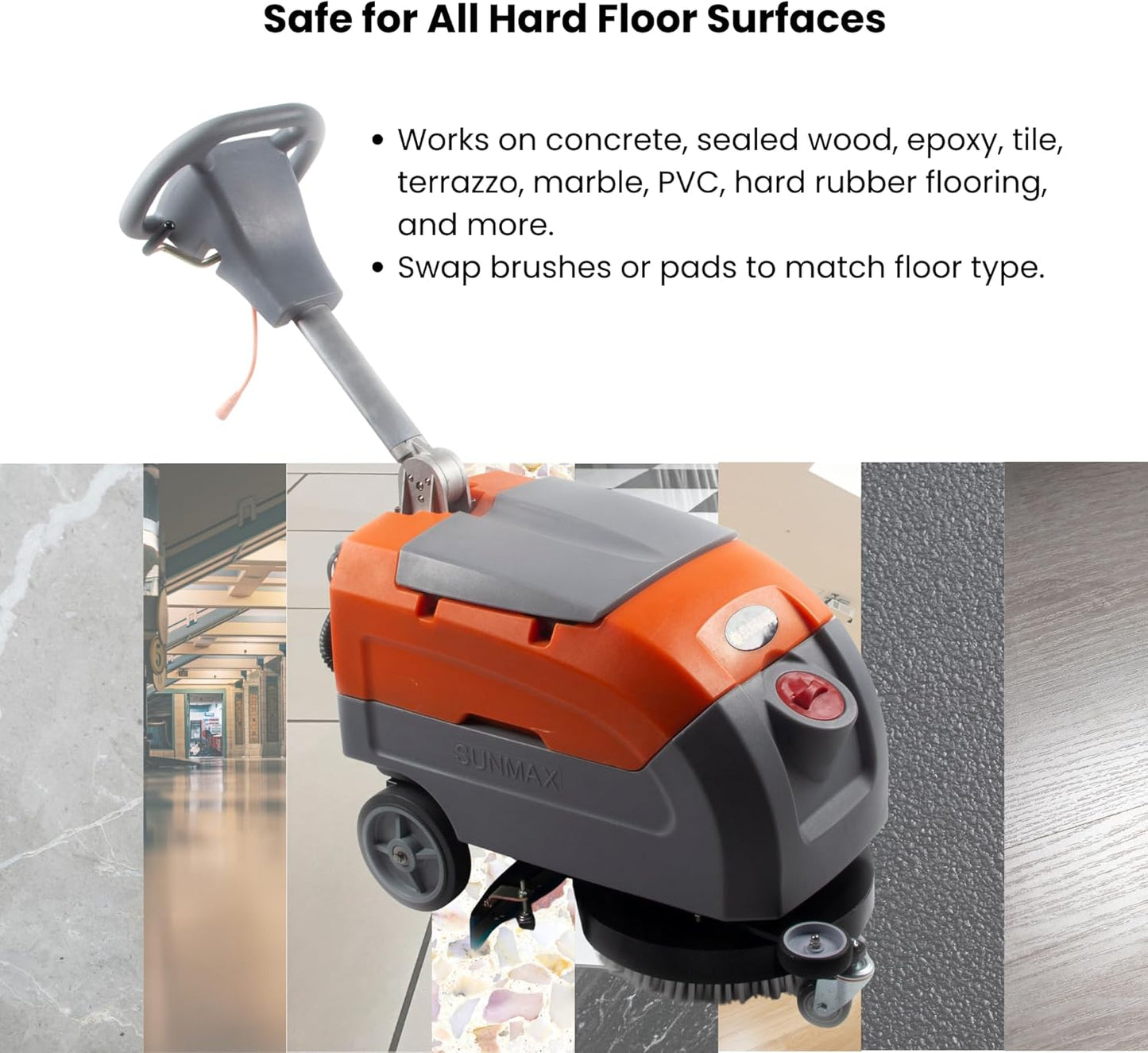 Sunmax RT35AC 17" Electric Walk-Behind Floor Scrubber, 7.9/9.2-Gal Dual Tank System, Orange/Gray, 26ft 110V Corded Commercial Floor Cleaning Machine