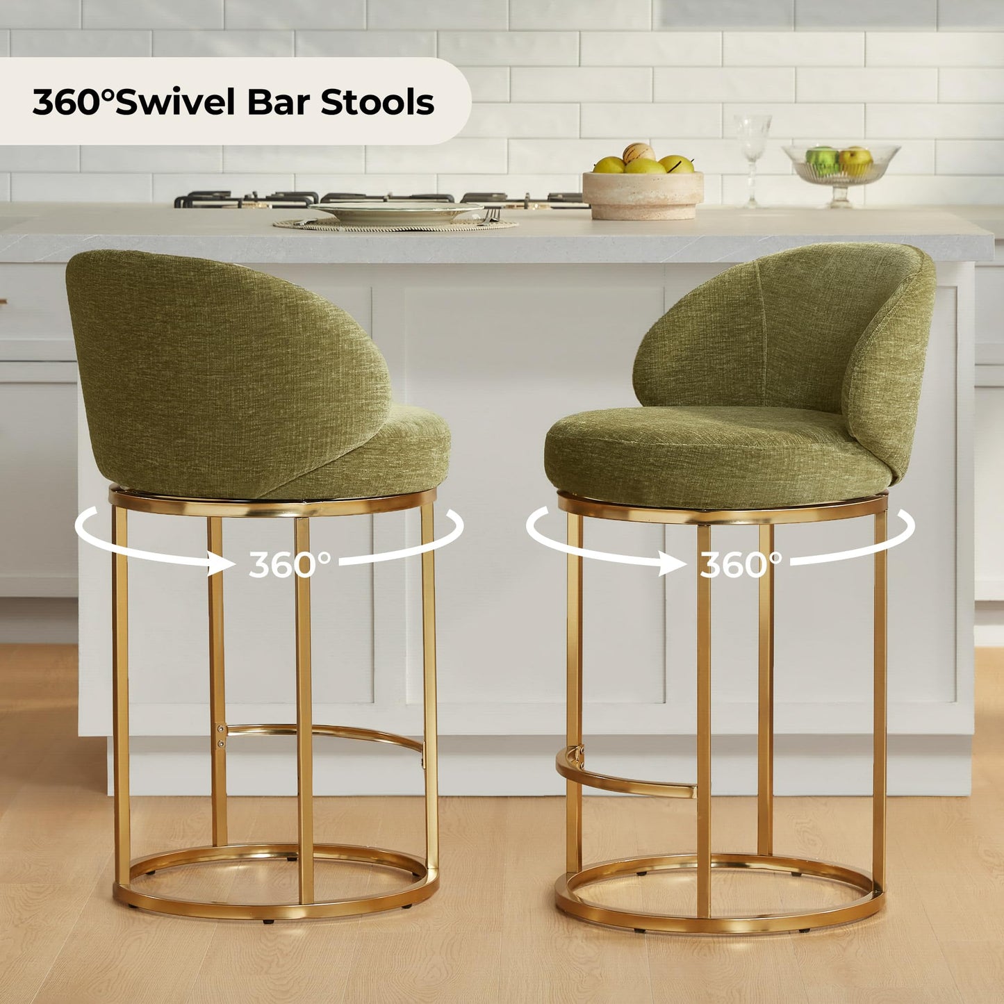 CHITA Swivel Counter Height Bar Stools Set of 3, Upholstered Bar Chairs with Backrest, Sturdy Metal Base, 26.8" Seat Height for Kitchen Island & Home Bar, Sand